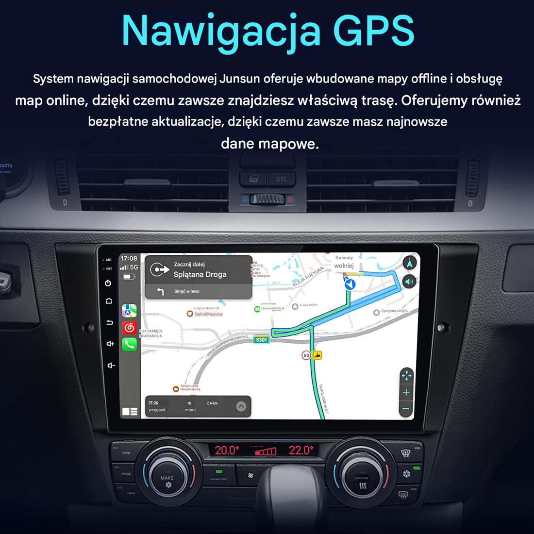 Deska rozdzielcza samochodu z nawigacją GPS wyświetlającą mapę trasy. Ekran pokazuje wskazówki i aktualny czas.