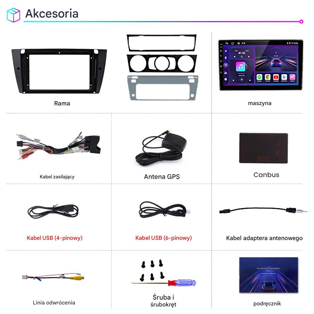 Obraz przedstawia akcesoria samochodowe: ramę, radio, kable, antenę, Canbus, kable USB, adapter, linię cofania, śruby i instrukcję.