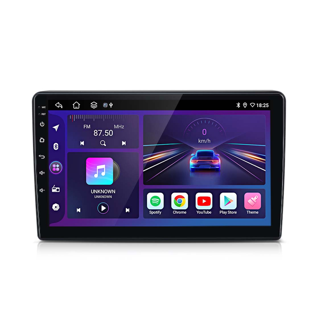 System multimedialny do samochodu, pokazujący radio FM, prędkość i ikony aplikacji. Zawiera Spotify, Chrome, YouTube i Play Store.
