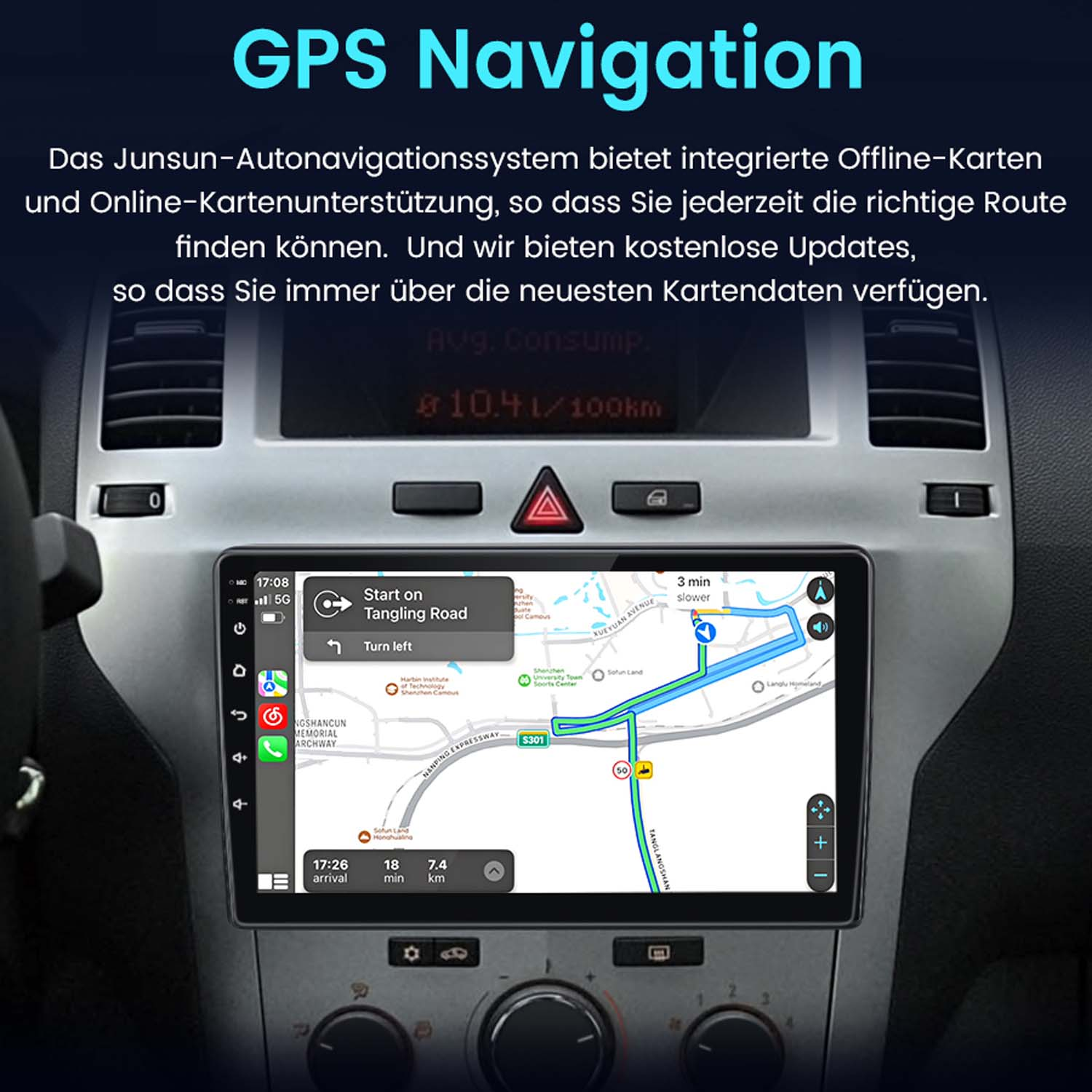 Deska rozdzielcza samochodu z nawigacją GPS. Mapa wyświetla wskazówki trasy. Tekst u góry: 'GPS Navigation'.
