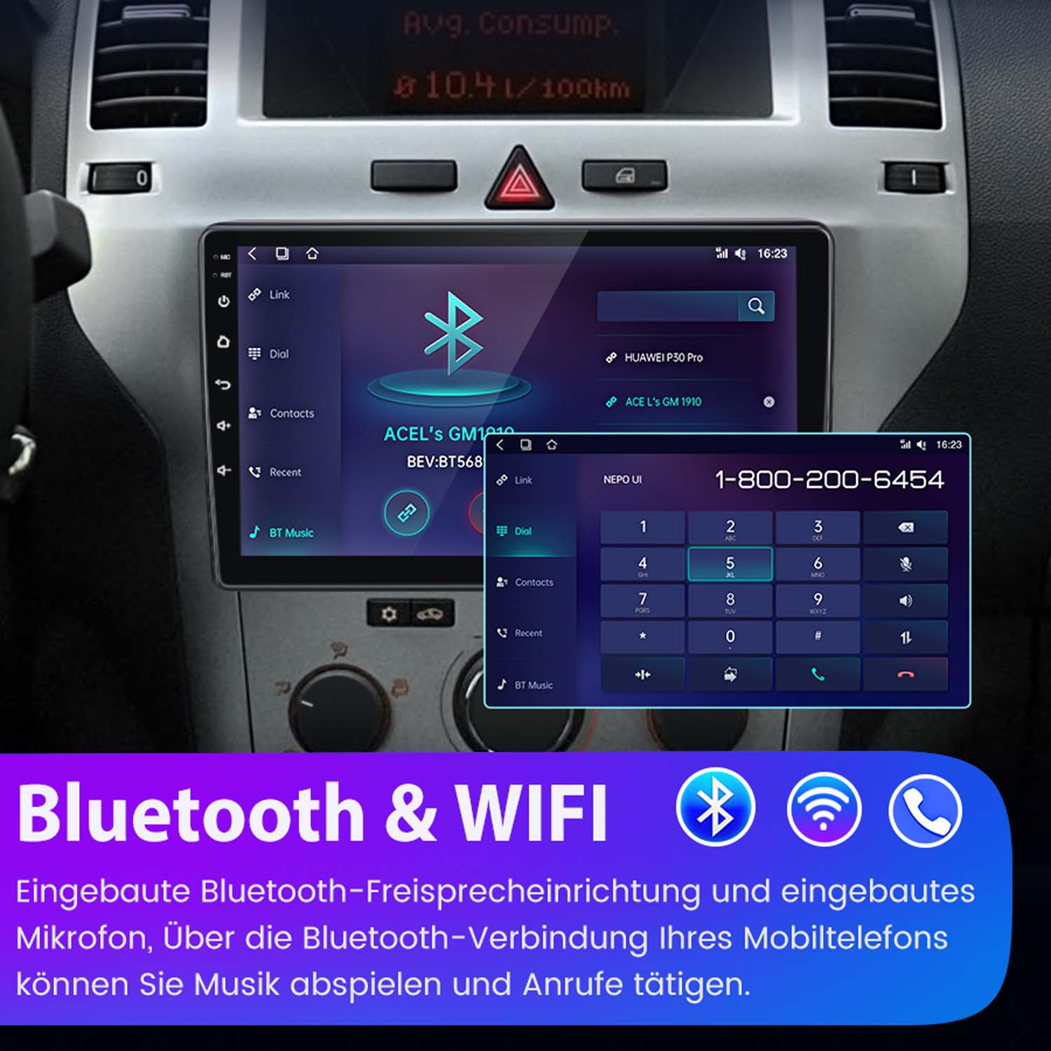 Deska rozdzielcza samochodu z ekranem pokazującym interfejs telefonu, symbole Bluetooth i WiFi.