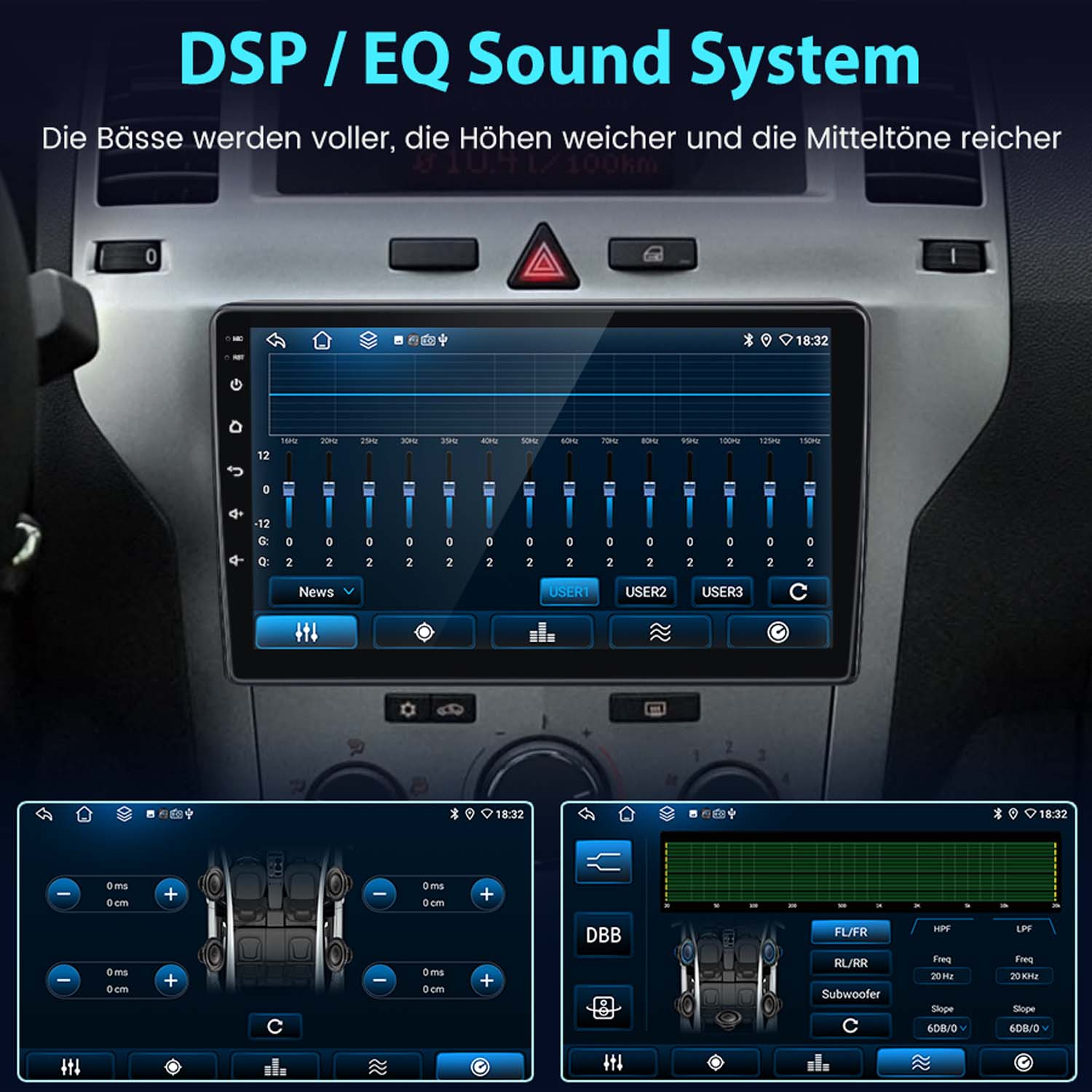 Wyświetlacz radia samochodowego z ustawieniami EQ i opcjami dźwięku. Elementy sterujące obejmują regulację basów, tonów wysokich i subwoofera.