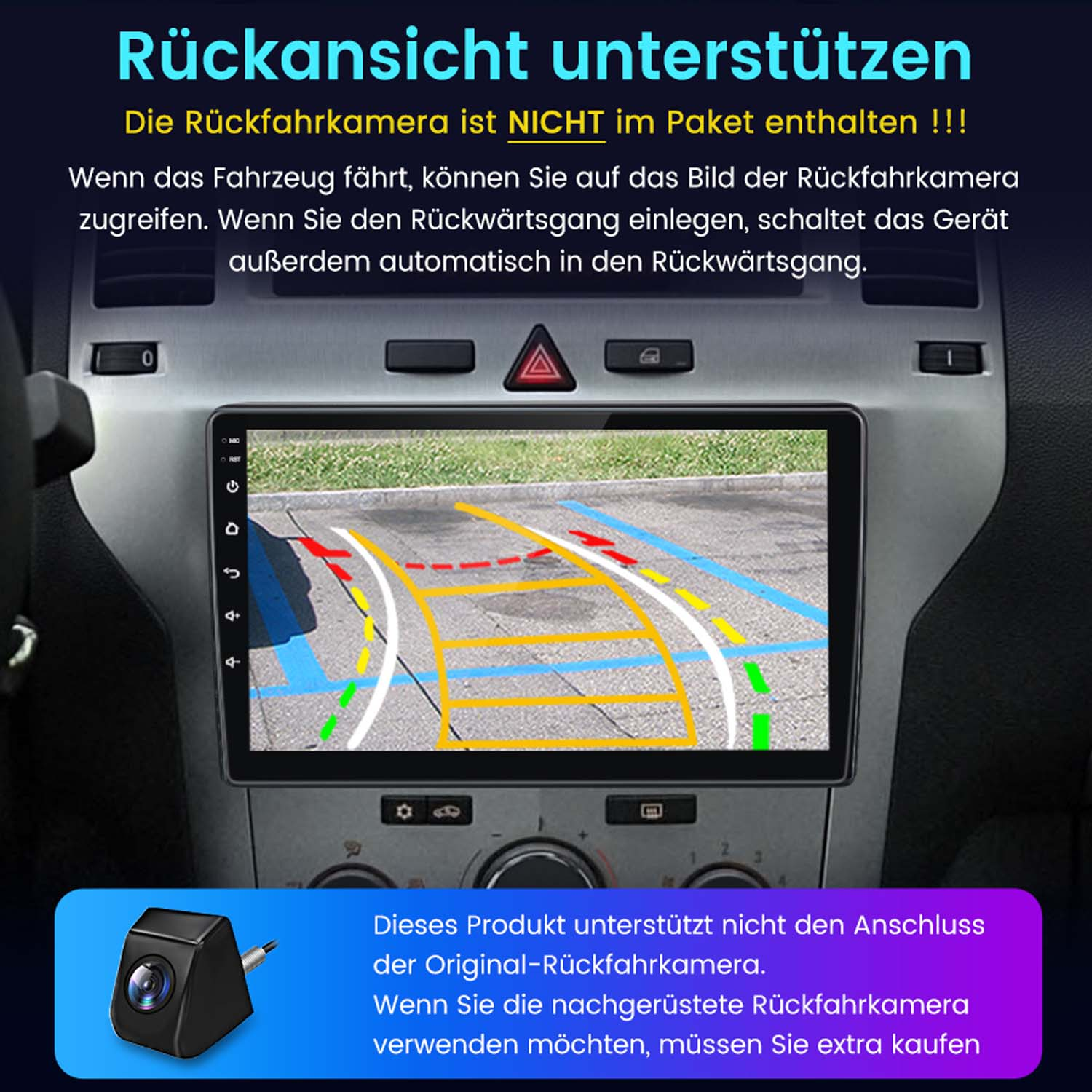 Deska rozdzielcza samochodu z ekranem pokazującym widok kamery cofania. Tekst po niemiecku. Mała kamera na dole po lewej.