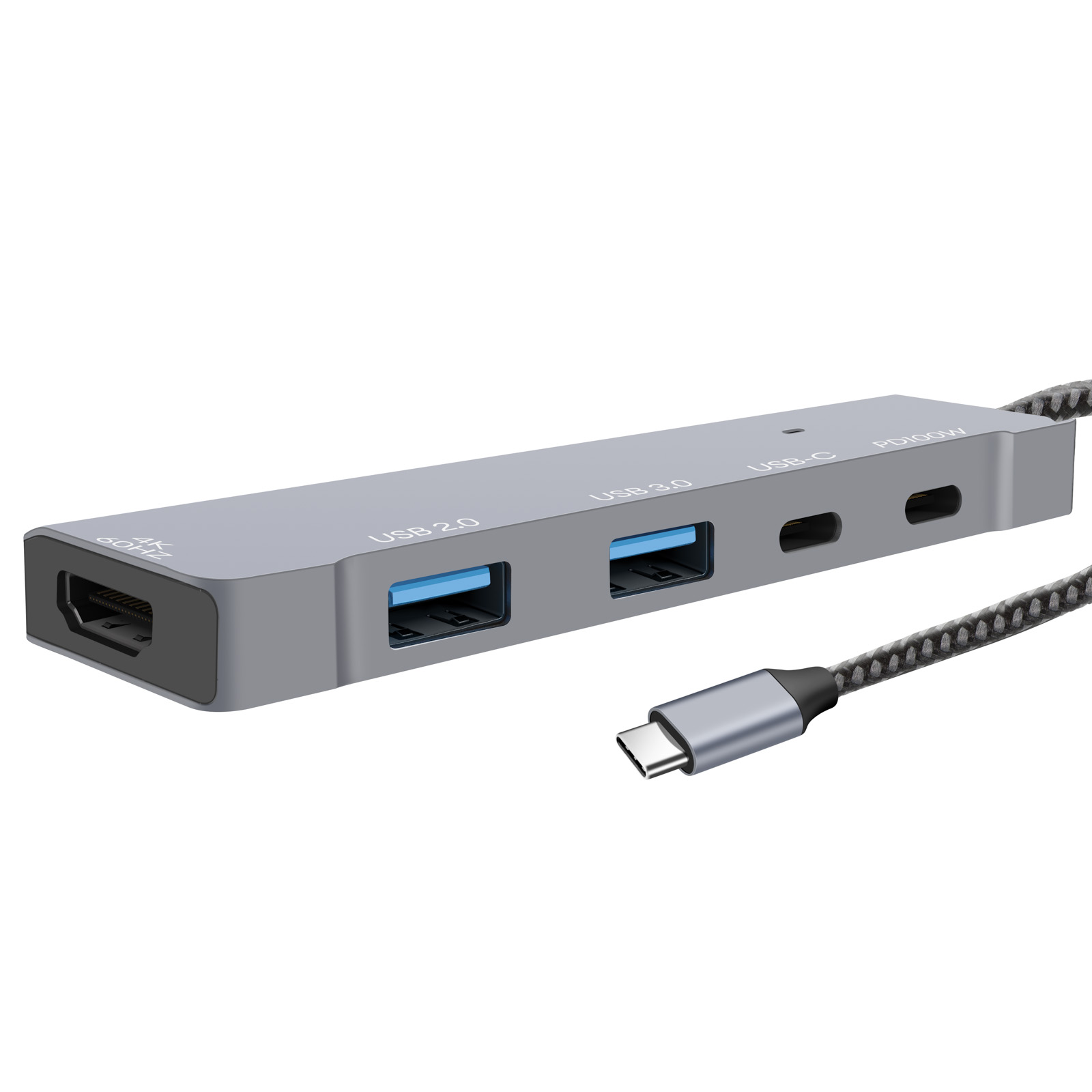Hub USB grigio con più porte e cavo USB-C. Porte: USB 2.0, 3.0 e USB-C. Porta HDMI a sinistra.