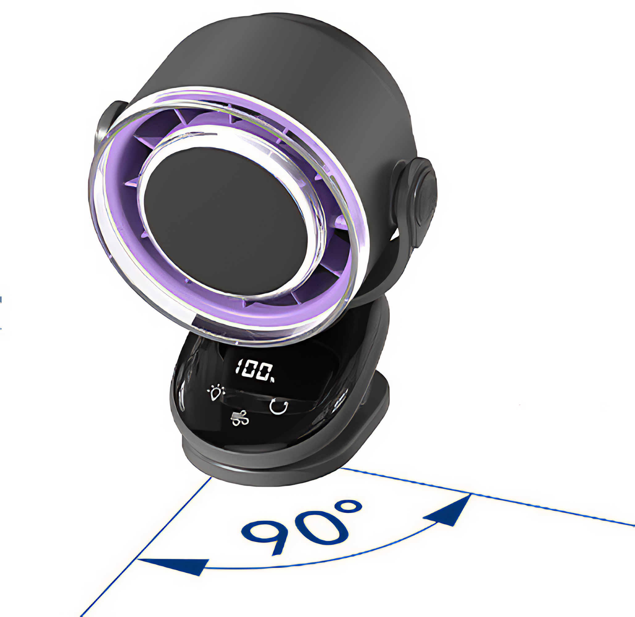 Ein schwarzes und violettes fächerförmiges Gerät mit Digitalanzeige '100' steht auf weißem Grund, mit 90-Grad-Winkel markiert.