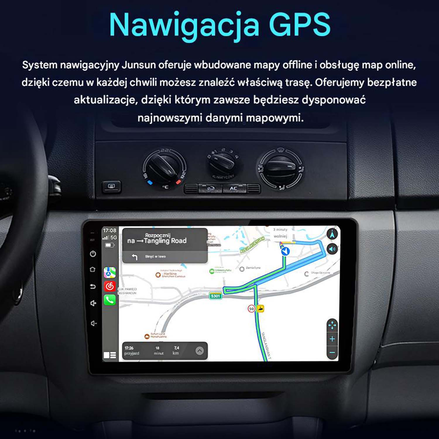 Deska rozdzielcza samochodu z nawigacją GPS pokazującą trasę na mapie. Ekran wyświetla nazwy ulic i wskazówki.