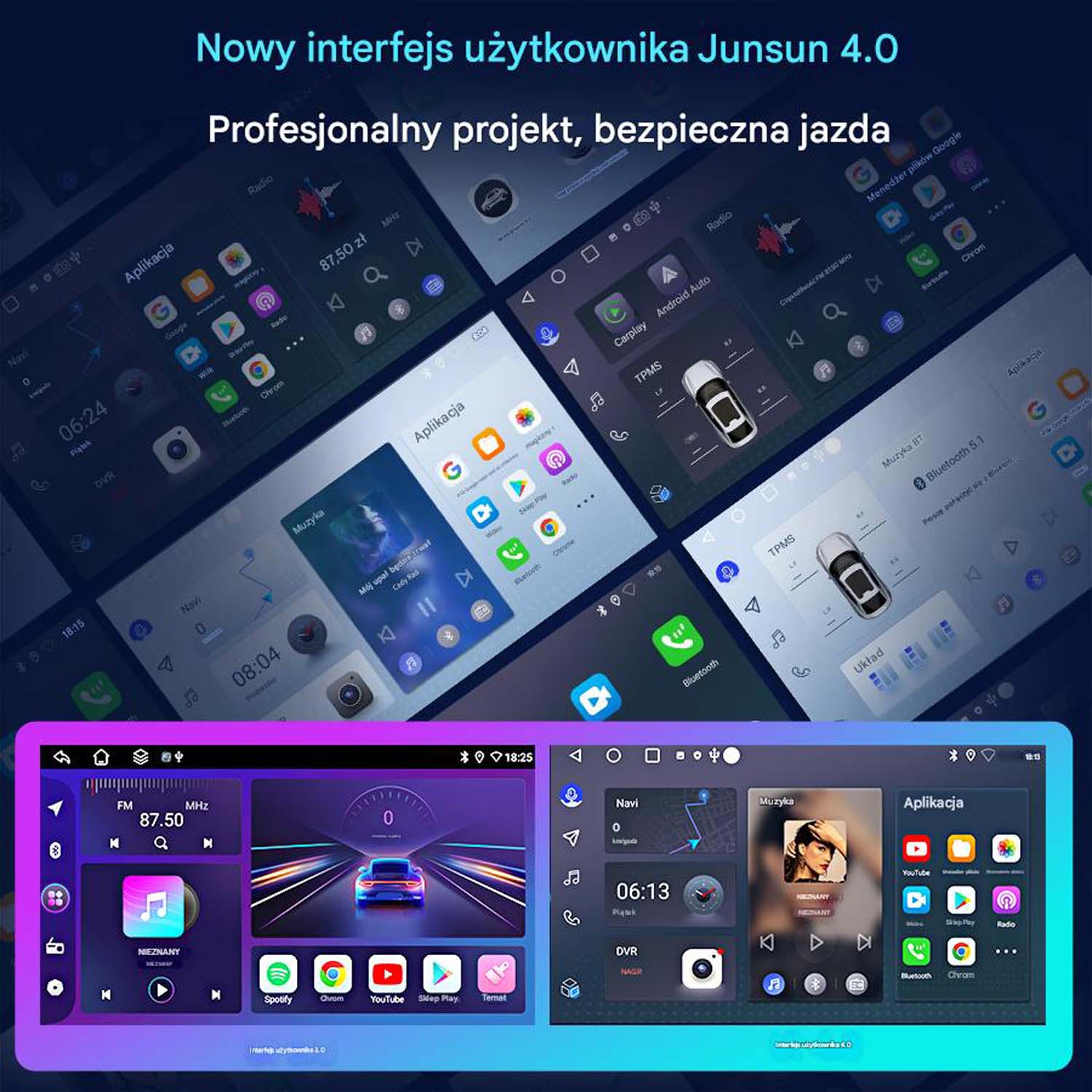 Ekran deski rozdzielczej samochodu pokazujący nawigację, muzykę i ikony aplikacji. Interfejs użytkownika jest czarny, niebieski i fioletowy.