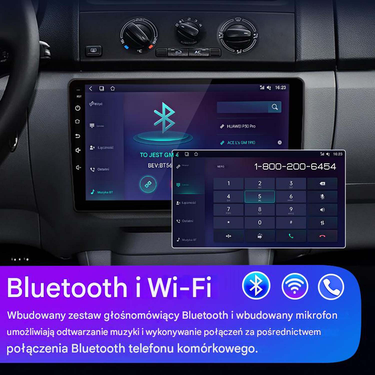 Ekran informacyjno-rozrywkowy w samochodzie wyświetlający funkcje Bluetooth i Wi-Fi, klawiaturę numeryczną i numer telefonu.