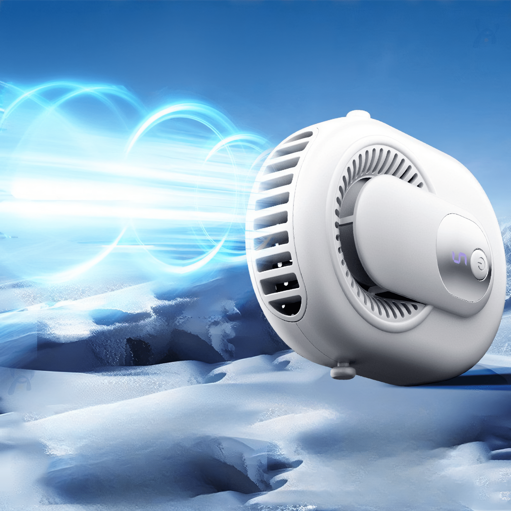 Weißer tragbarer Ventilator mit blauen Bögen, die von ihm ausgehen, vor blauem Himmel und Schneelandschaft.