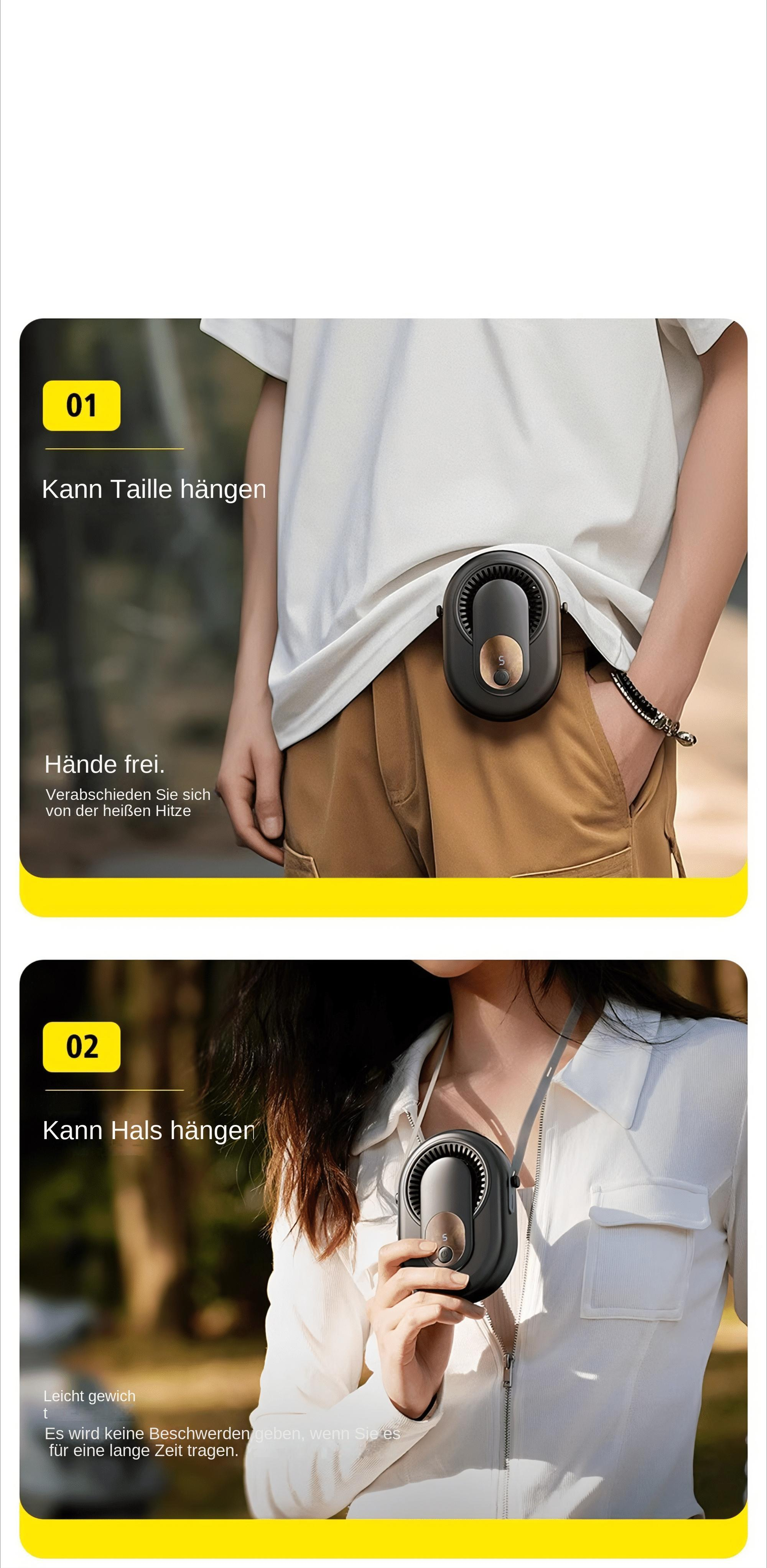 Das Bild zeigt eine Person, die einen kleinen schwarzen Ventilator um die Taille und den Hals trägt. Der Ventilator ist für freihändiges Kühlen.