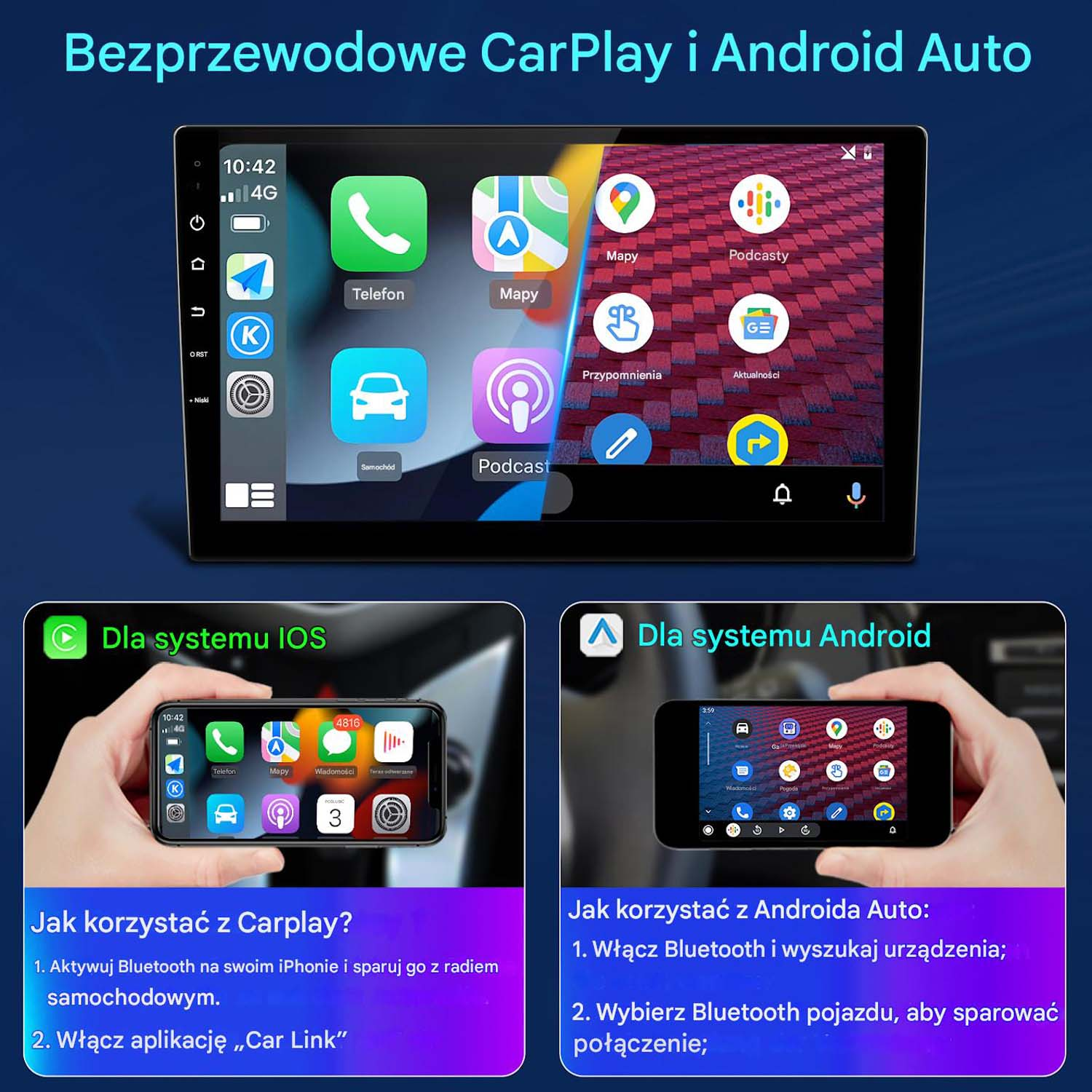 System informacyjno-rozrywkowy w samochodzie wyświetla ikony aplikacji. Poniżej znajdują się instrukcje dotyczące CarPlay (iOS) i Android Auto, z dłońmi trzymającymi telefony.