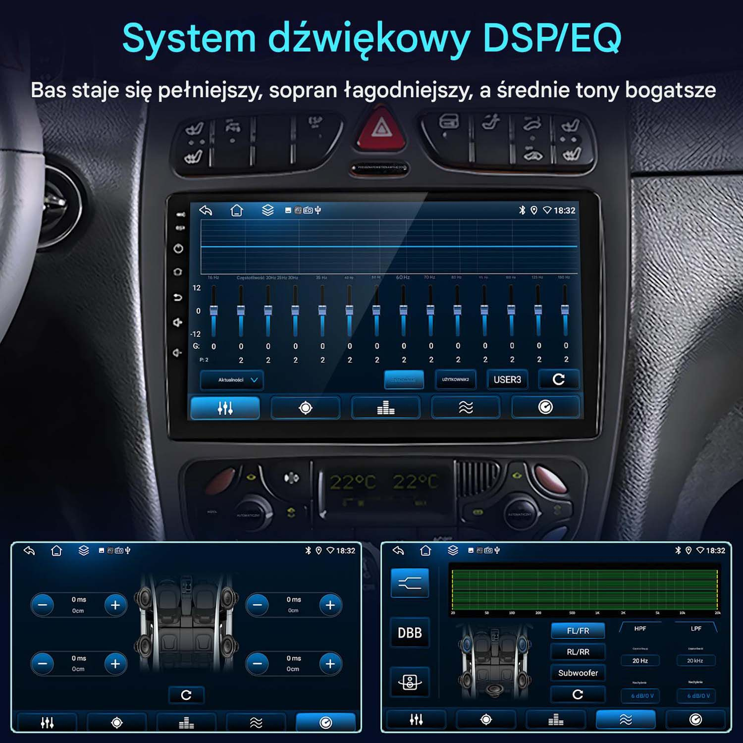 Ekran samochodowego systemu multimedialnego z equalizerem i ustawieniami głośników, z wyświetlaczem temperatury i układem siedzeń.
