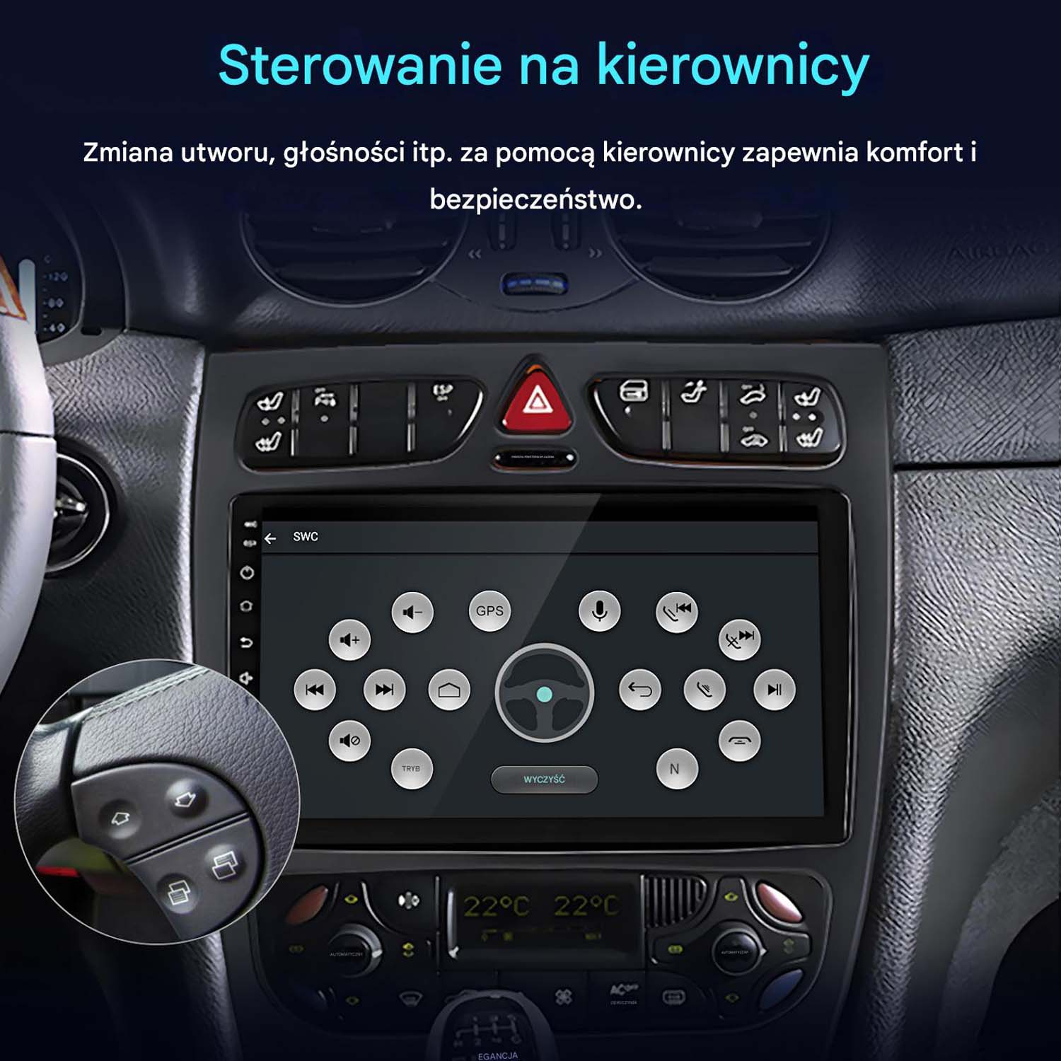 Wnętrze samochodu z kierownicą i ekranem wyświetlającym elementy sterowania. Widoczne przyciski multimediów i klimatyzacji.