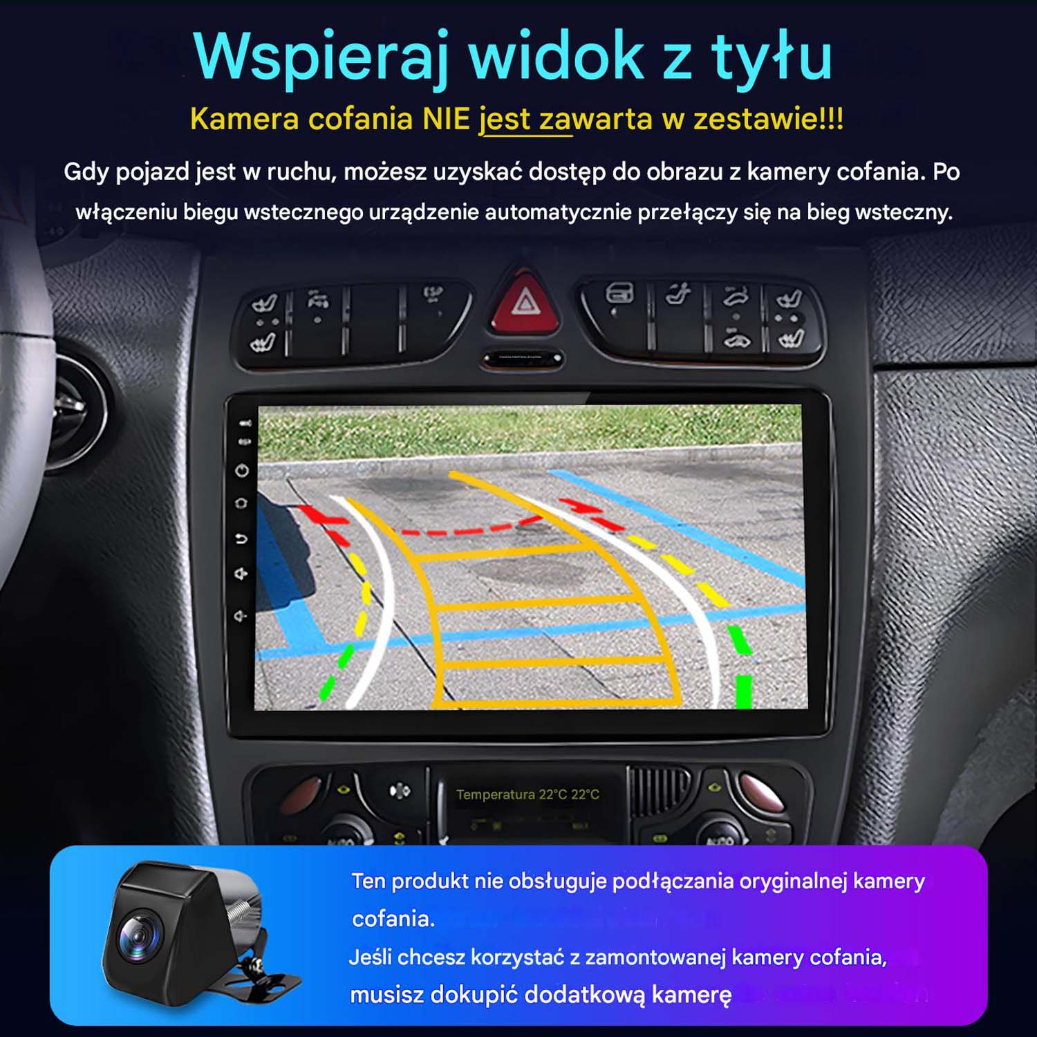 Deska rozdzielcza samochodu z widokiem parkowania na ekranie. Tekst w języku polskim informuje, że produkt nie obsługuje oryginalnej kamery.