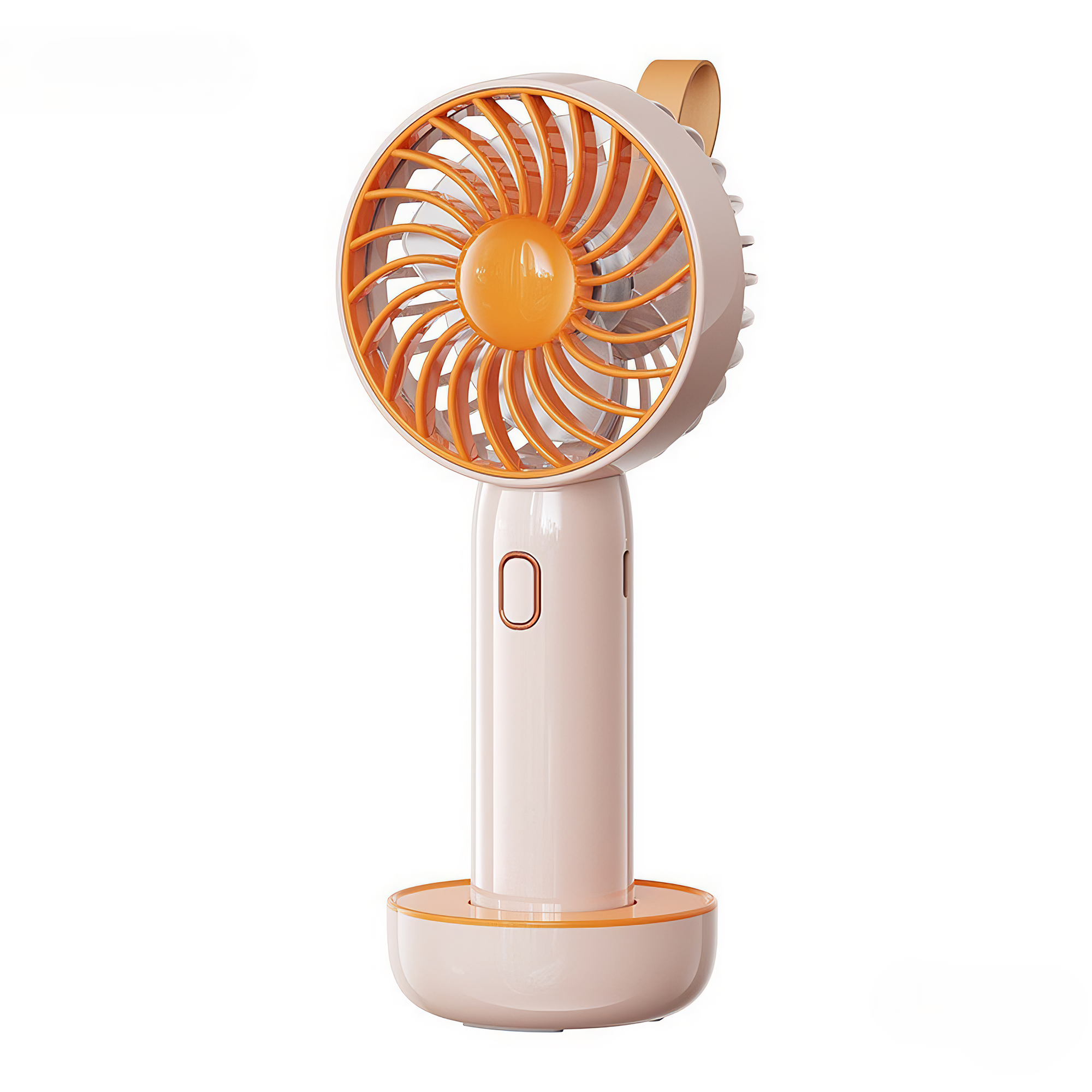 Ein tragbarer Ventilator mit rosa Basis, orangefarbenen Lüfterblättern und einem kleinen Griff. Er steht auf weißem Hintergrund.