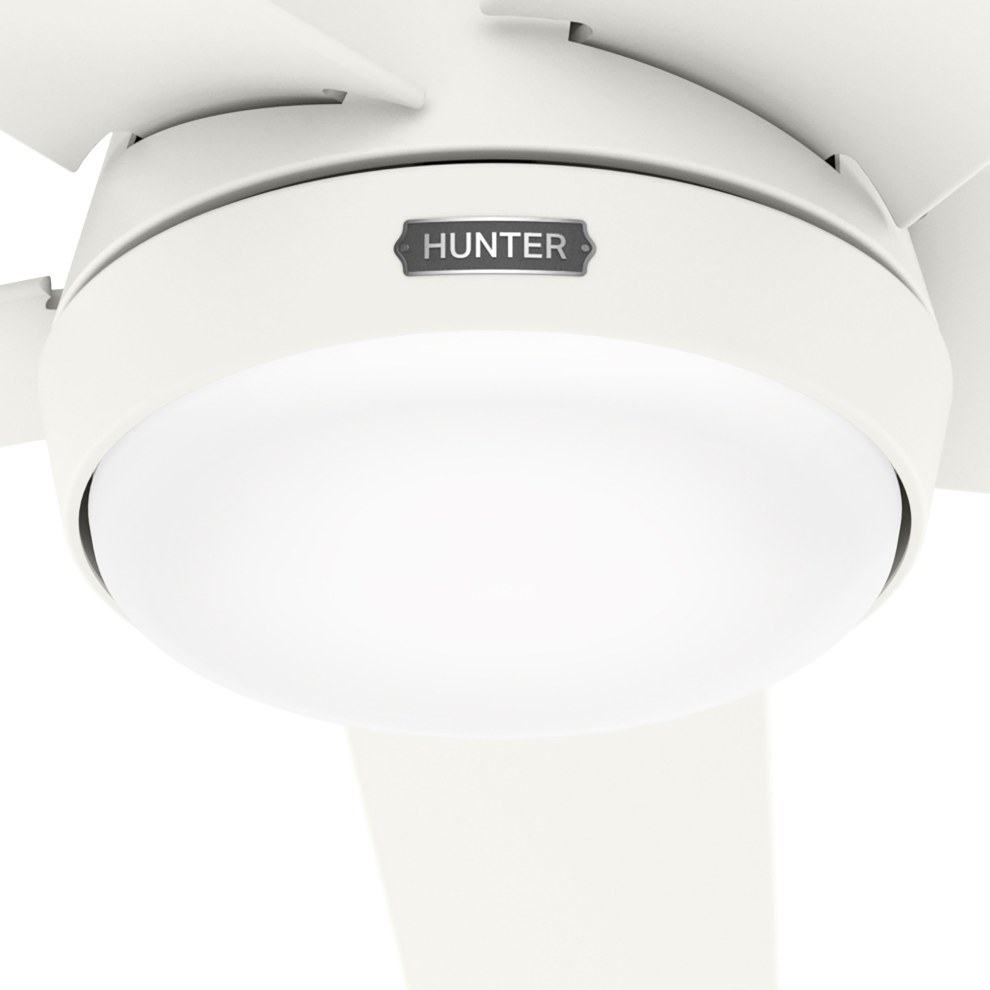 Nahaufnahme eines weißen Deckenventilators mit Licht. Die Lüfterflügel sind sichtbar, und der Markenname 'HUNTER' ist auf einem Schild.