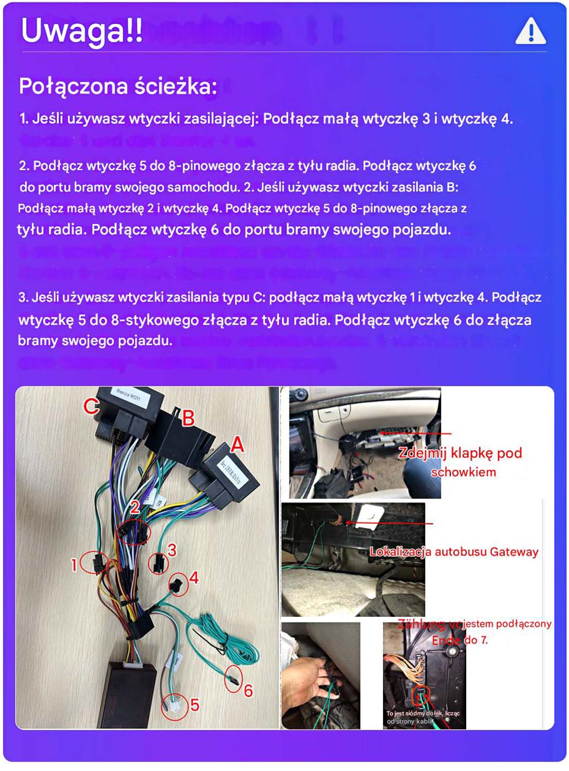 Schemat przedstawia okablowanie samochodu. Zawiera złącza, przewody i instrukcje dotyczące podłączenia do radia i bramki.