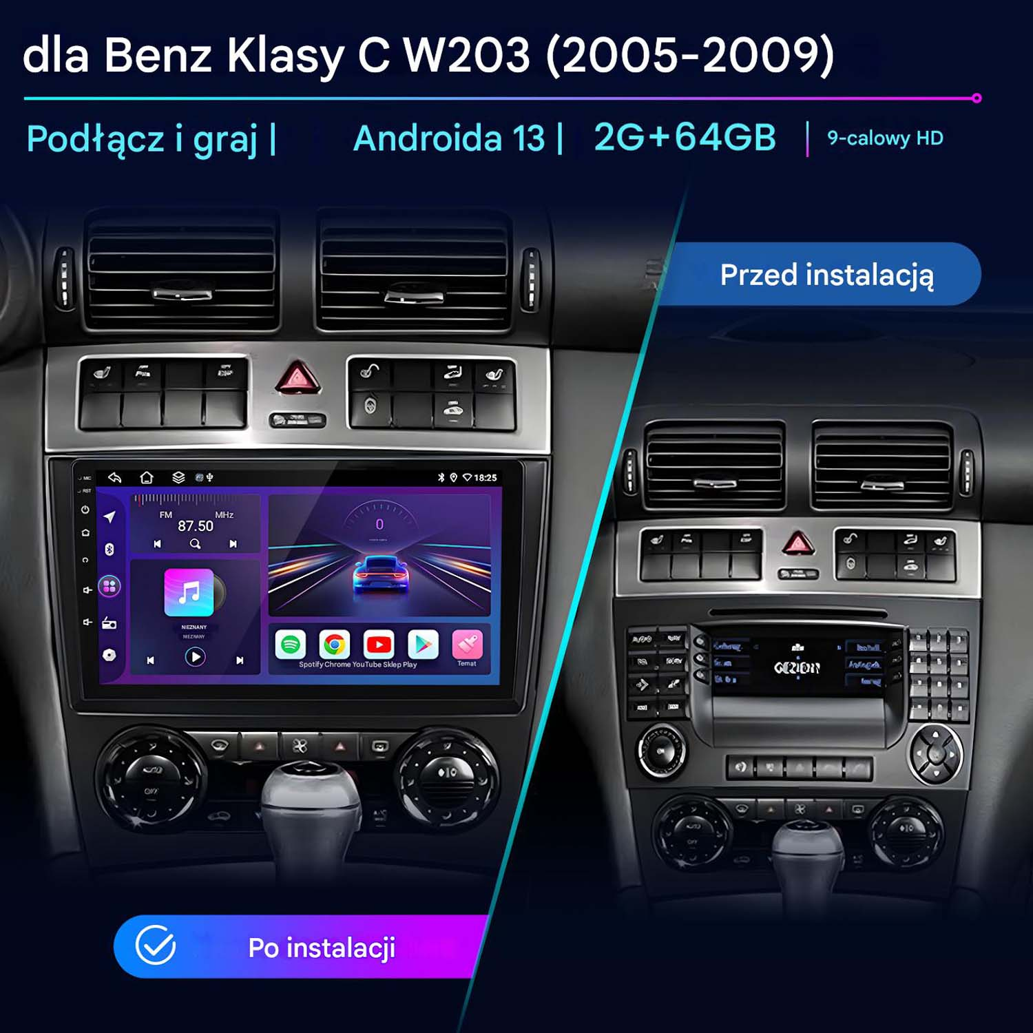 Porównanie deski rozdzielczej: stare radio vs. nowy ekran Androida. Pokazuje widok przed i po instalacji.