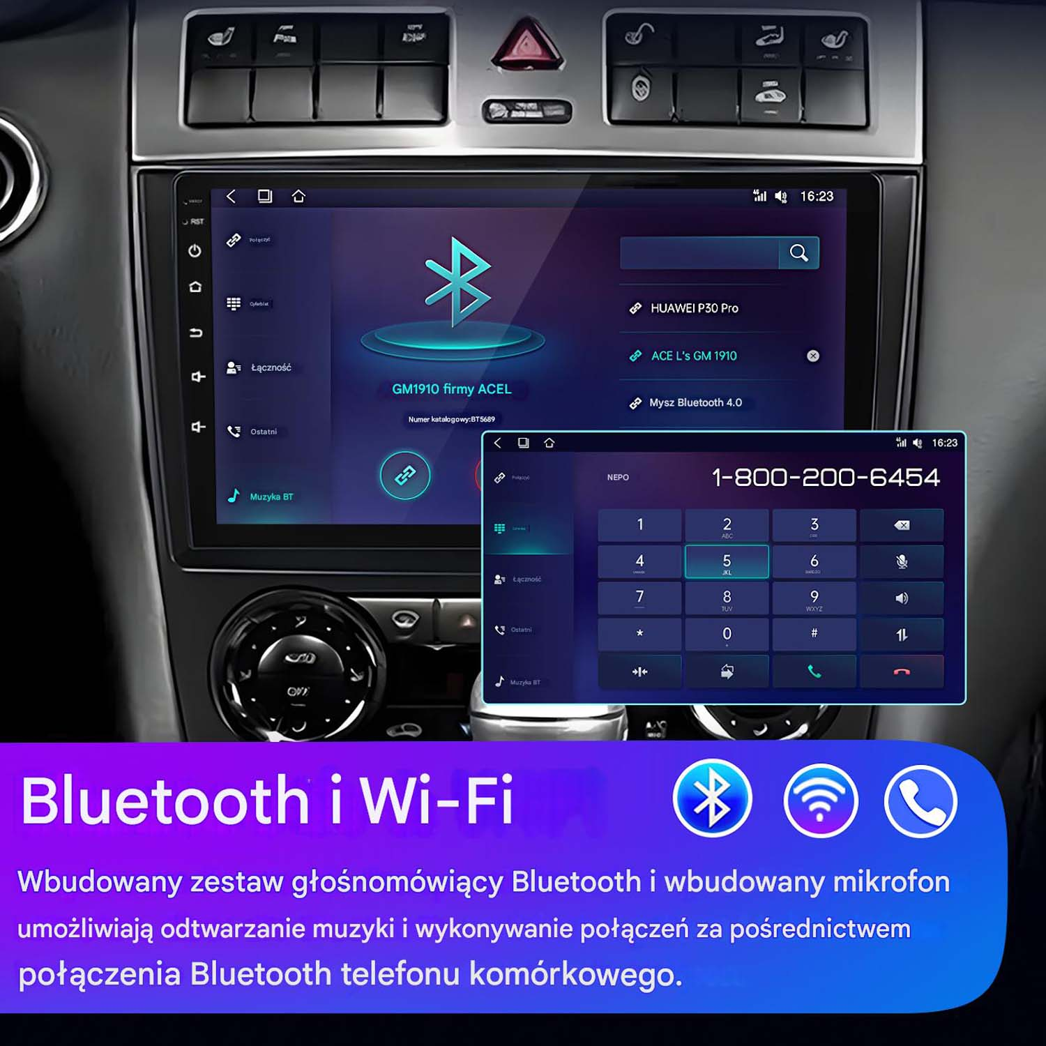 Panel samochodu z ekranem pokazującym opcje Bluetooth i Wi-Fi. Na ekranie widoczny jest również numer telefonu.