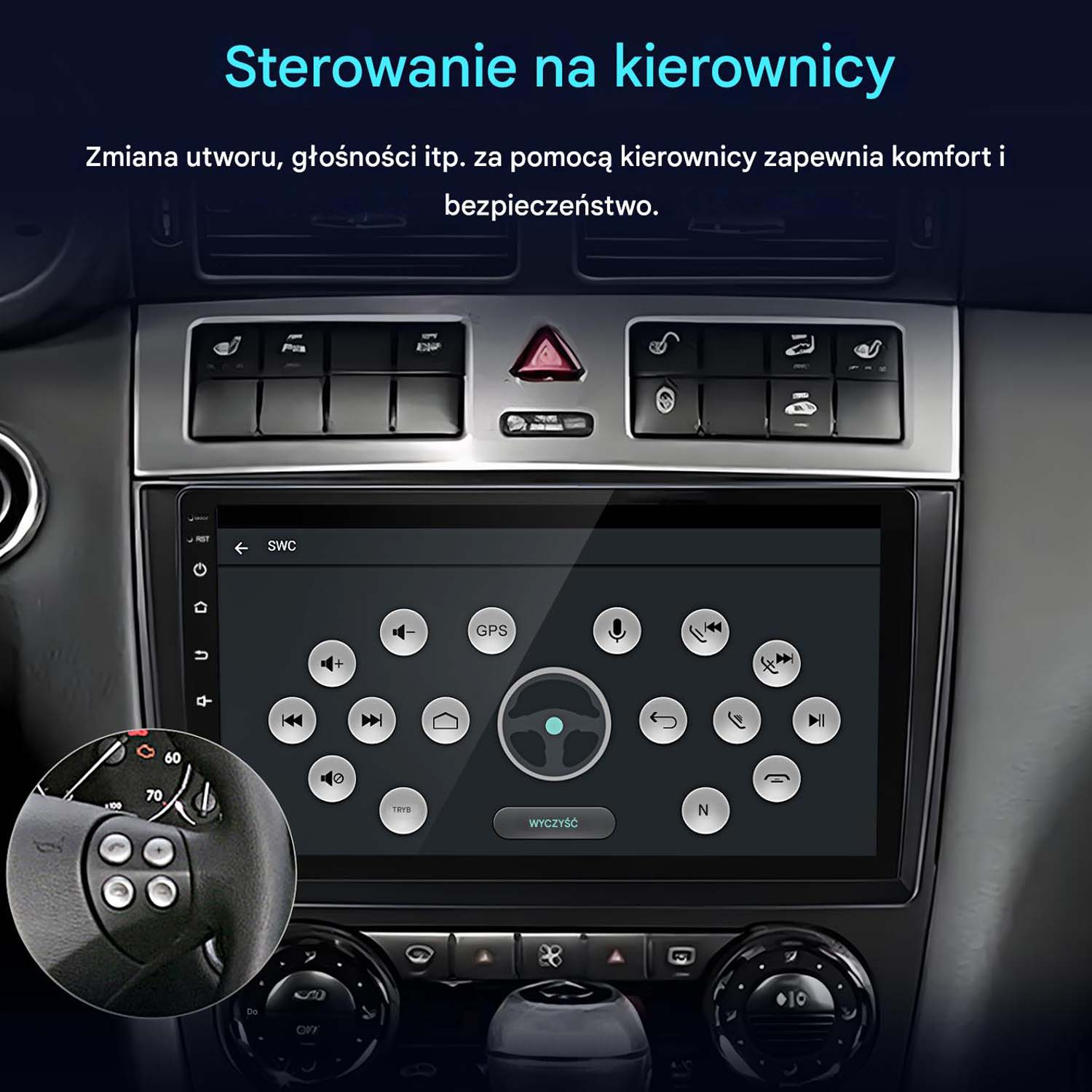 Deska rozdzielcza samochodu z ekranem. Sterowanie w kierownicy po lewej. Tekst po polsku.