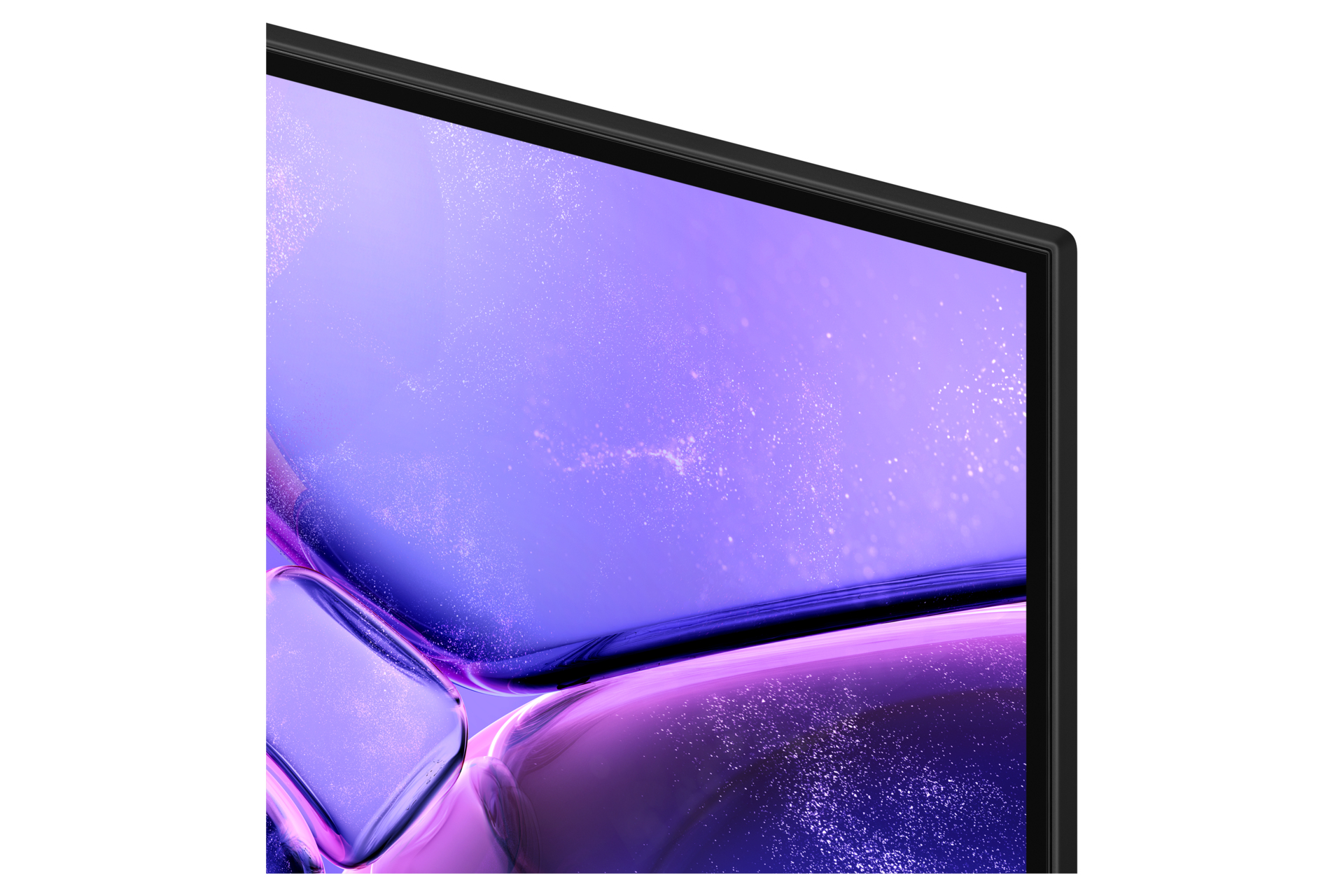 Zbliżenie ekranu z fioletowym abstrakcyjnym tłem. Ekran jest obramowany czarną ramką. Białe tło po prawej stronie.