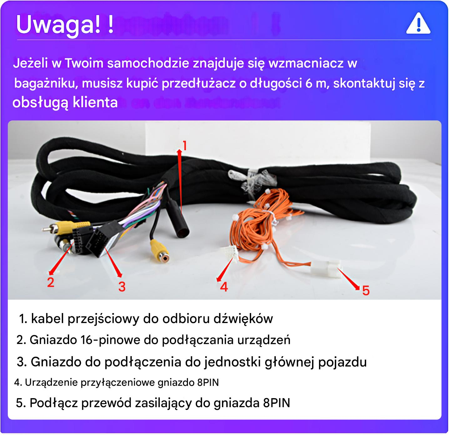 Obrazek przedstawia kable audio do samochodu z etykietami. Zawiera czarny kabel, pomarańczowe przewody i różne złącza do instalacji.