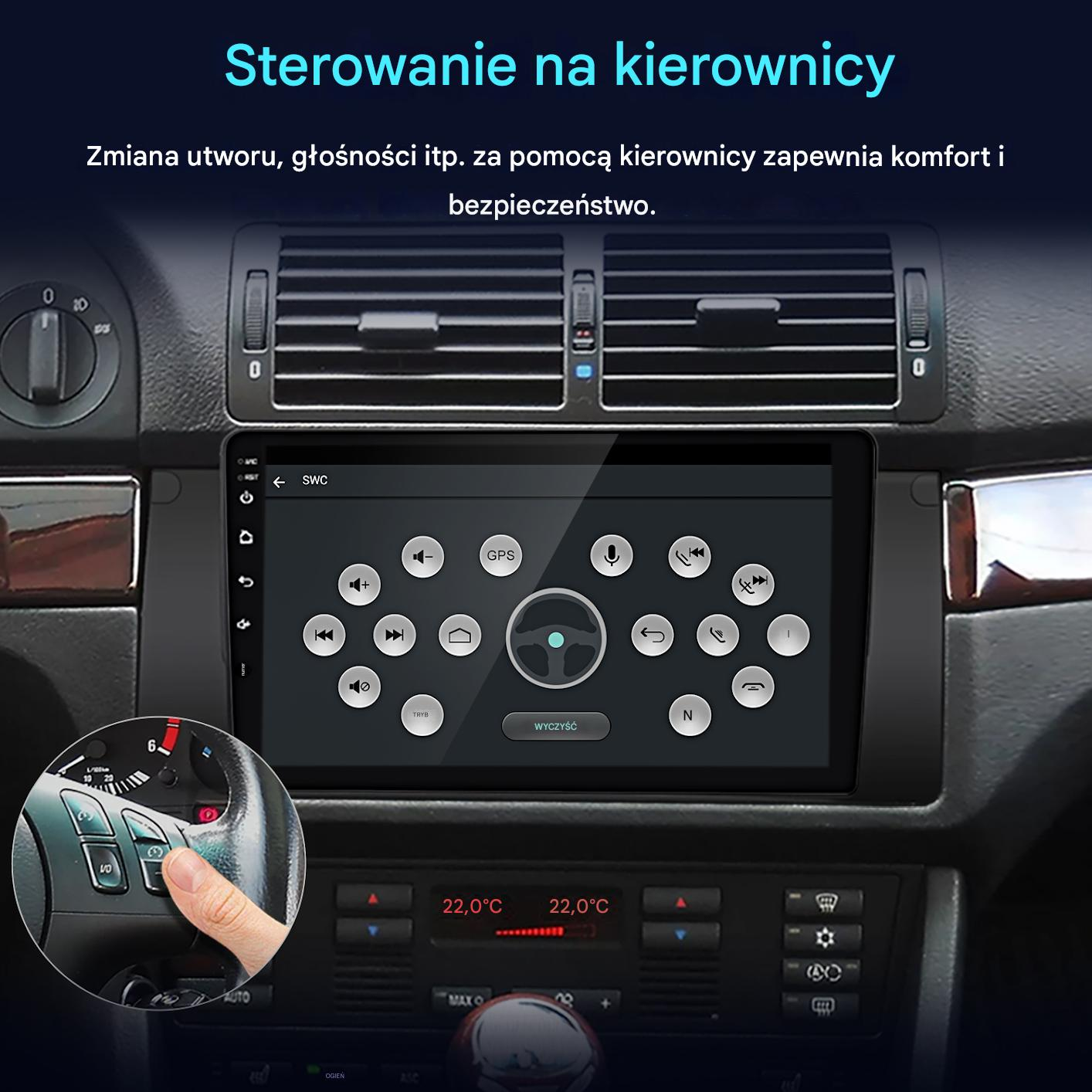 Deska rozdzielcza samochodu z ekranem. Ręka naciska przycisk na kierownicy.