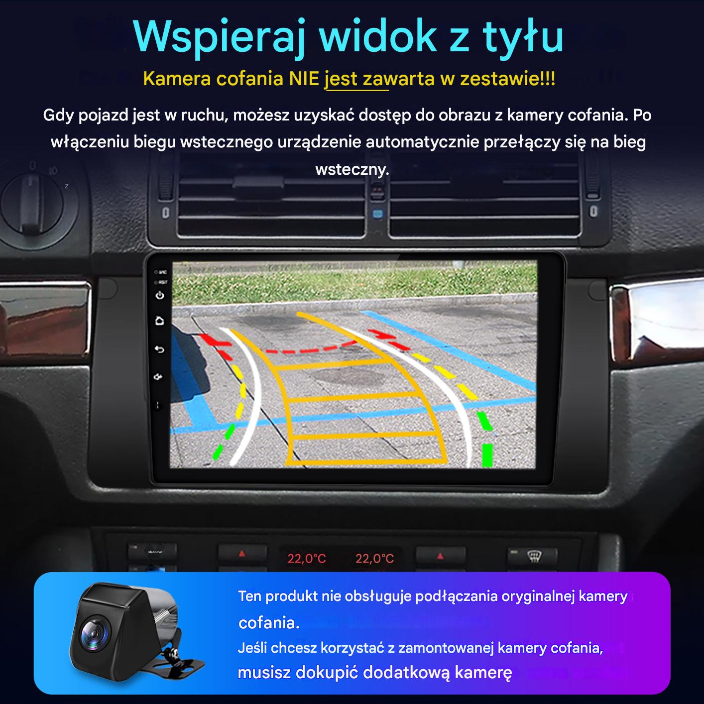Deska rozdzielcza samochodu z ekranem wyświetlającym widok kamery cofania. Tekst w języku polskim mówi, że kamera nie jest dołączona.