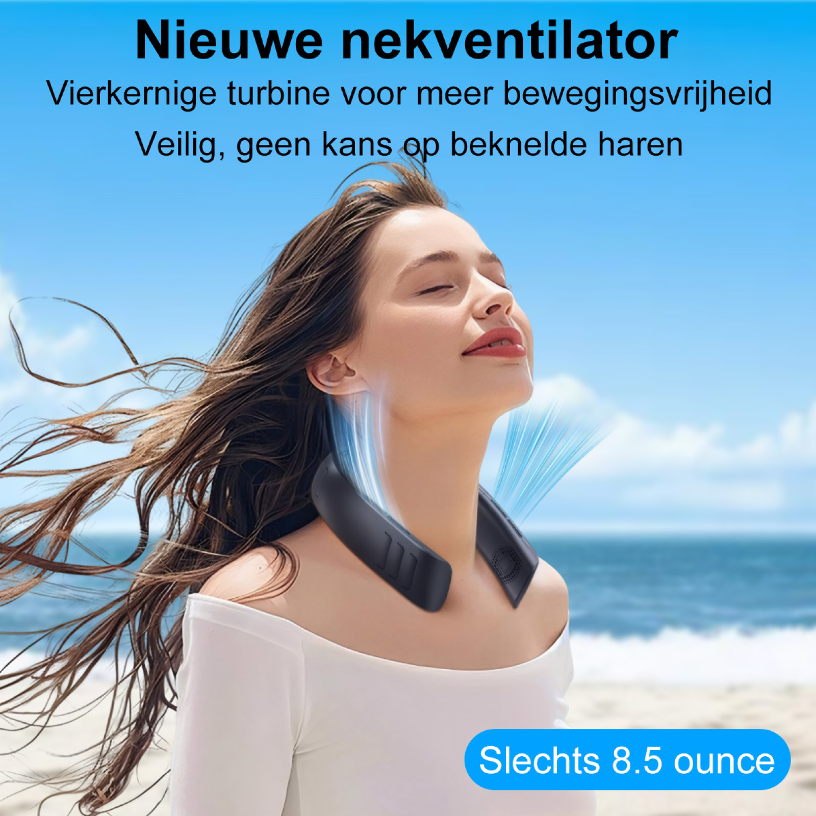 Eine Frau trägt einen schwarzen Nackenfächer. Der Hintergrund zeigt einen Strand und blauen Himmel. Text hebt die Eigenschaften hervor.