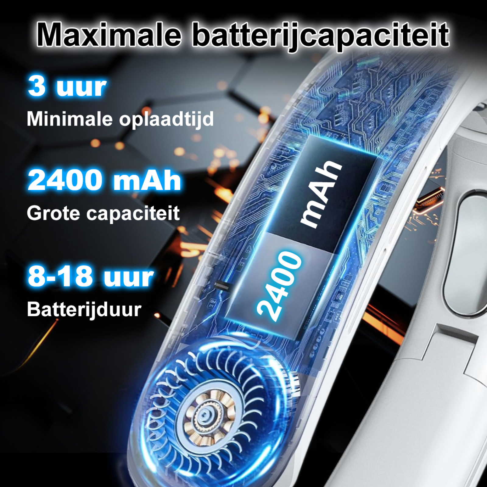Ein Bild zeigt die Batteriekapazität. Text zeigt 3 Stunden Ladezeit, 2400 mAh Kapazität und 8-18 Stunden Akkulaufzeit.