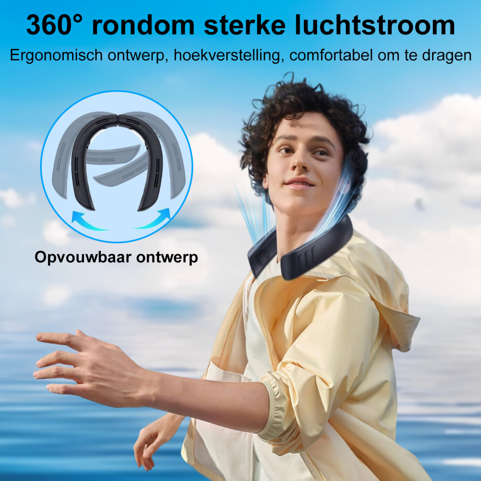 Eine Person, die einen schwarzen Nackenventilator trägt, befindet sich im Vordergrund. Der Hintergrund ist ein blauer Himmel.