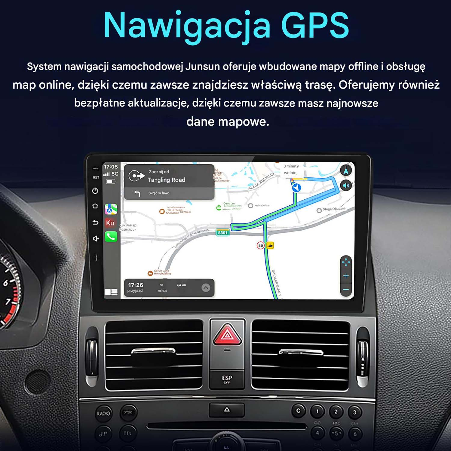 Deska rozdzielcza samochodu z ekranem GPS wyświetlającym mapę. Tekst u góry brzmi 'Nawigacja GPS'. Wnętrze samochodu jest również widoczne.