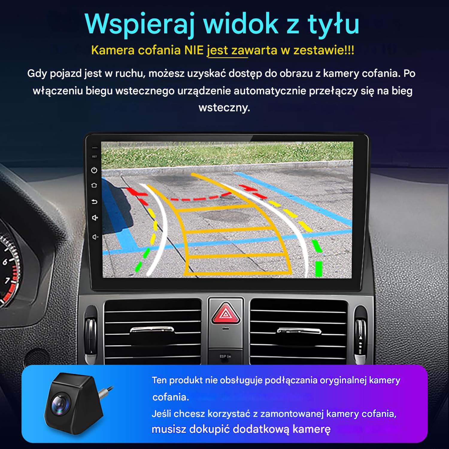 Wnętrze samochodu z ekranem wyświetlającym widok kamery cofania. Mała kamera jest pokazana, tekst wyjaśnia kompatybilność kamery produktu.
