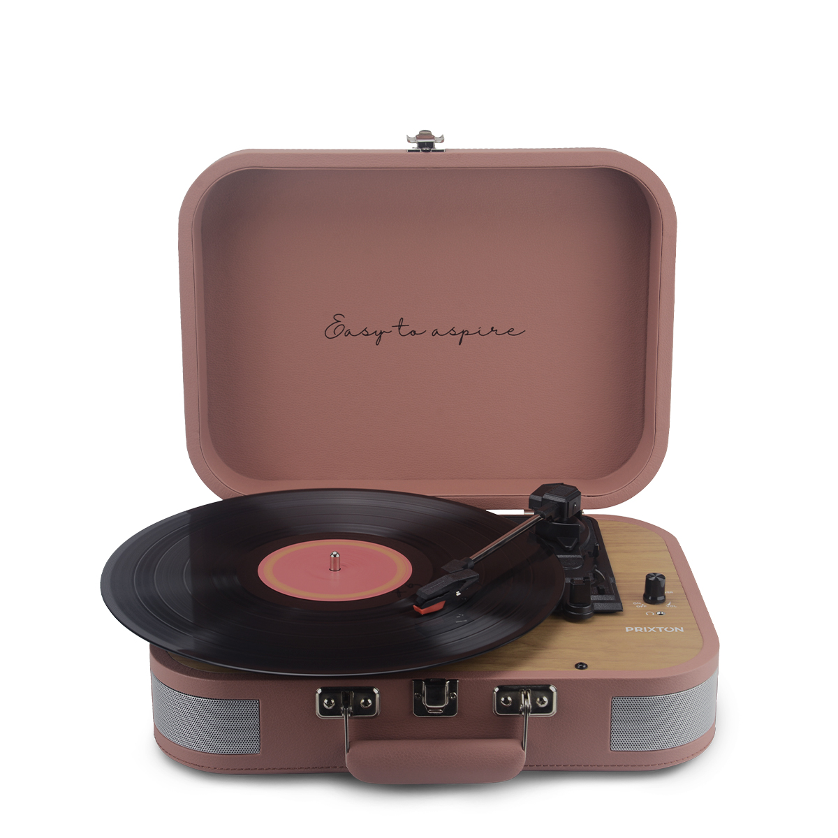 Różowy gramofon w walizce, otwarty, aby odsłonić płytę. Na walizce napisano 'Easy to aspire'.
