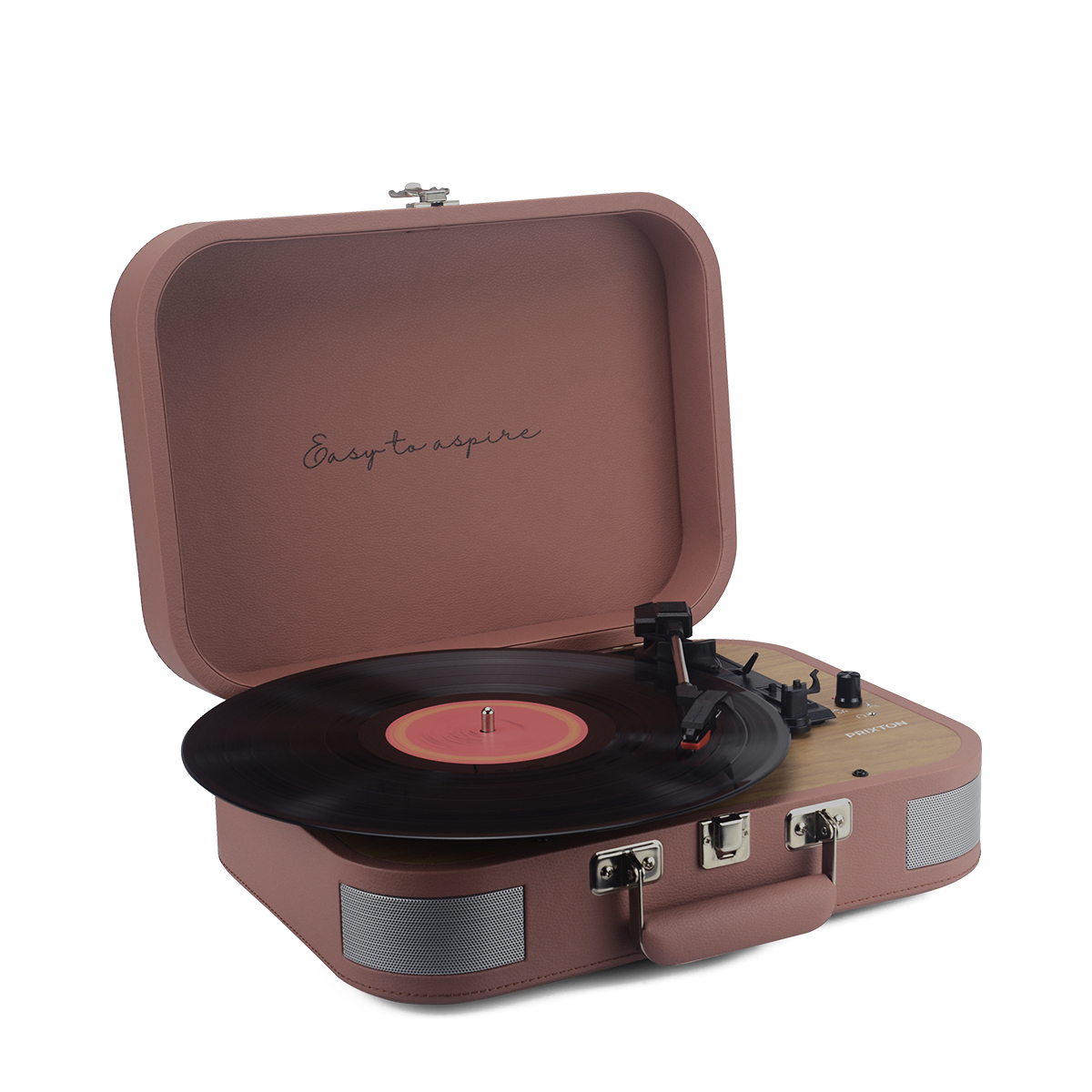 Różowy gramofon jest otwarty. Czarna płyta winylowa jest na talerzu. Obudowa jest otwarta, z napisem 'Easy to aspire'.