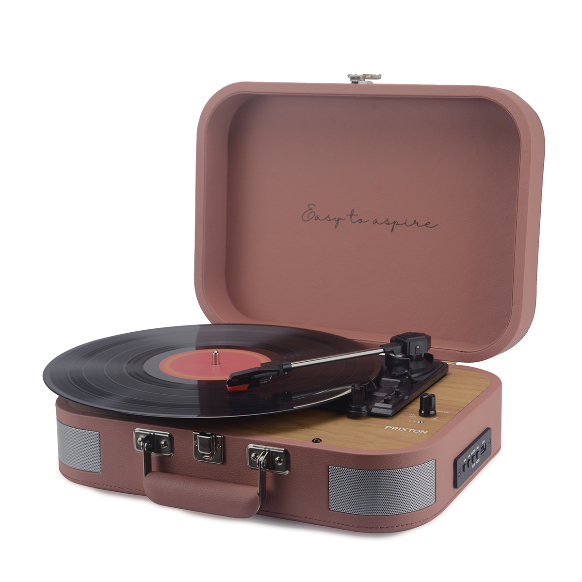 Różowy gramofon retro z otwartą pokrywą. Czarna płyta znajduje się na talerzu, ramię spoczywa na niej. Widoczne są głośniki.