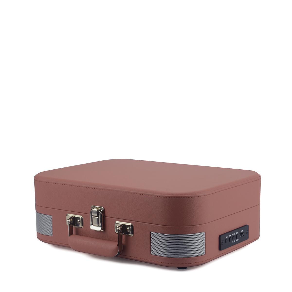 Różowy gramofon w stylu walizki ze srebrnymi akcentami, uchwytem i kratkami głośnikowymi. Posiada przyciski sterowania z boku.