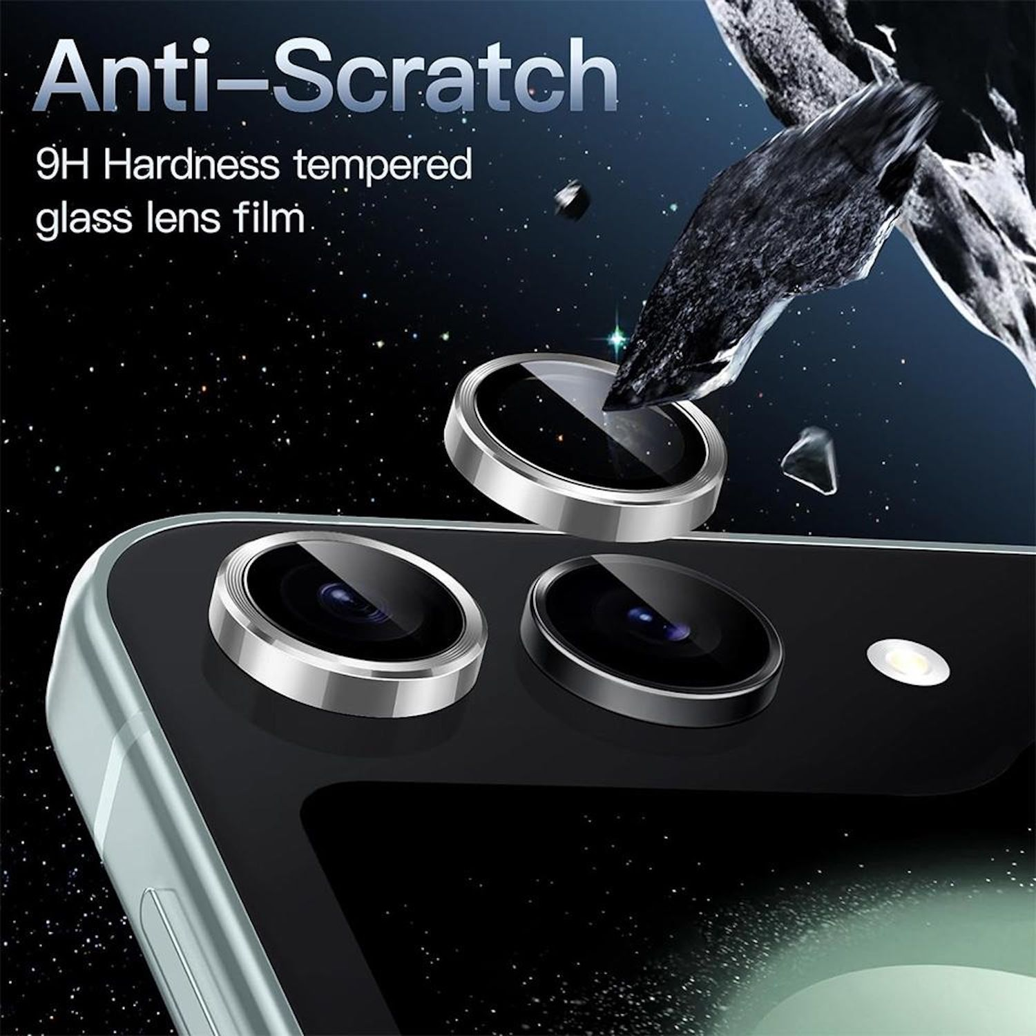 L'immagine mostra un telefono con protezioni per lenti. Il testo recita 'Anti-Scratch'. Oggetto simile a un asteroide sullo sfondo. Stelle visibili.