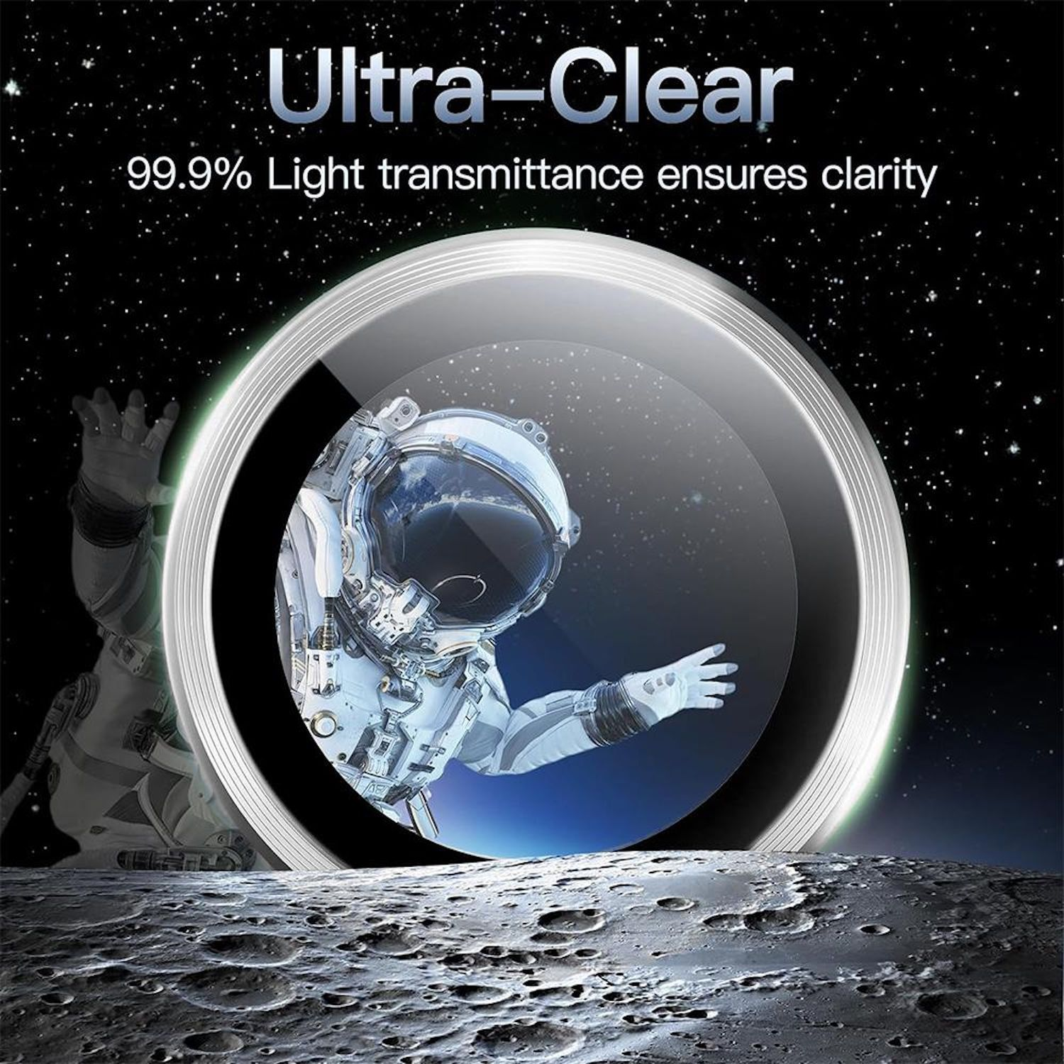 Un astronauta nello spazio, con una superficie planetaria sottostante. L'immagine è all'interno di un cerchio che dice Ultra-Clear.