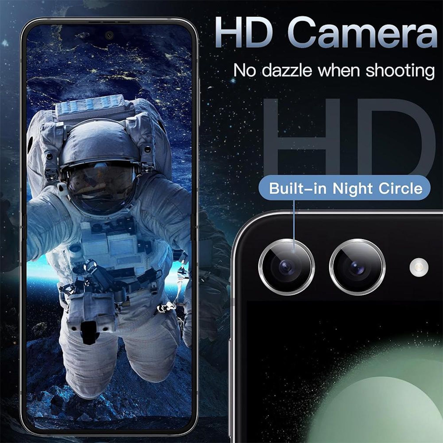 Un astronauta in tuta spaziale è visualizzato sullo schermo di un telefono. Il telefono evidenzia le funzionalità HD Camera, Built-in Night Circle.