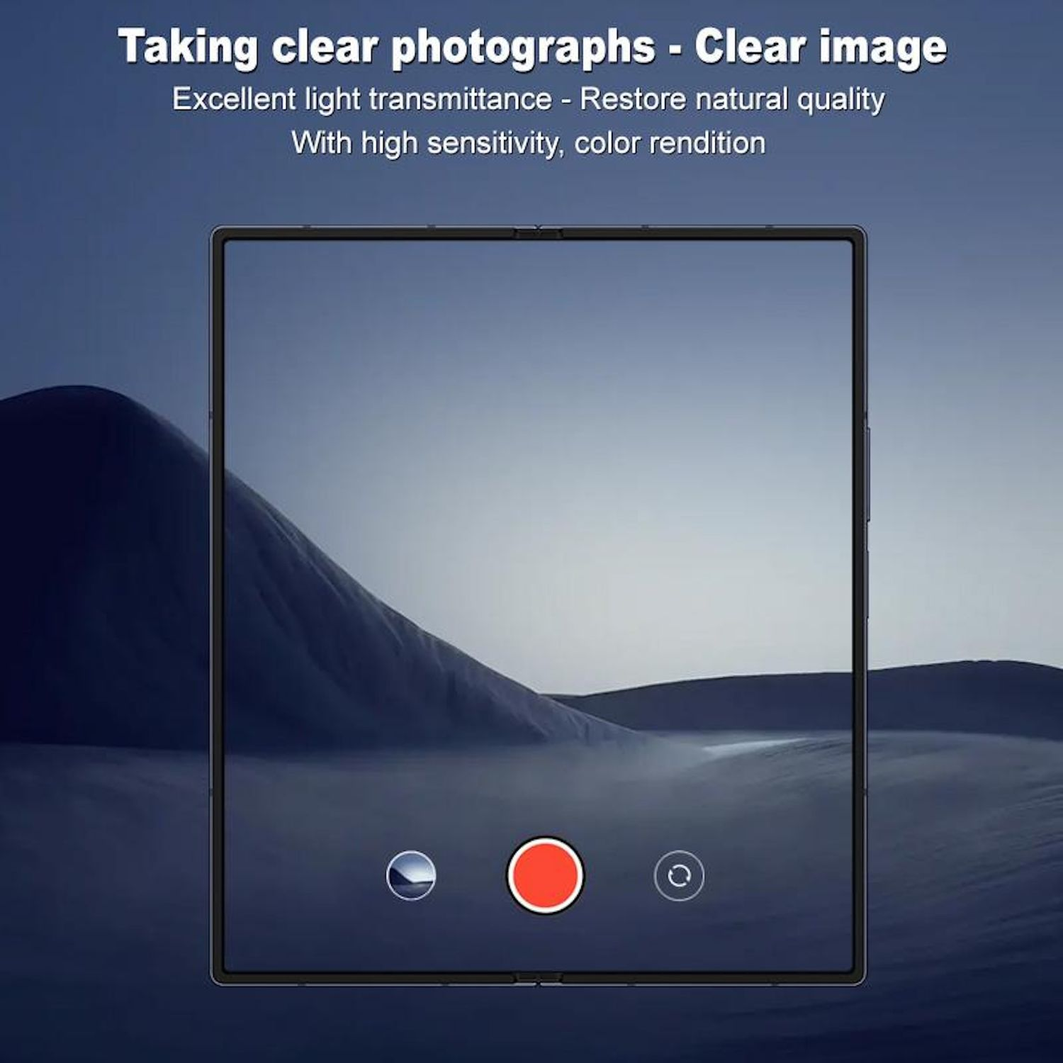 Ein Telefonbildschirm zeigt eine Landschaft. Es hat eine rote Aufnahmetaste und zwei andere Steuertasten. Text oben sagt klares Bild.