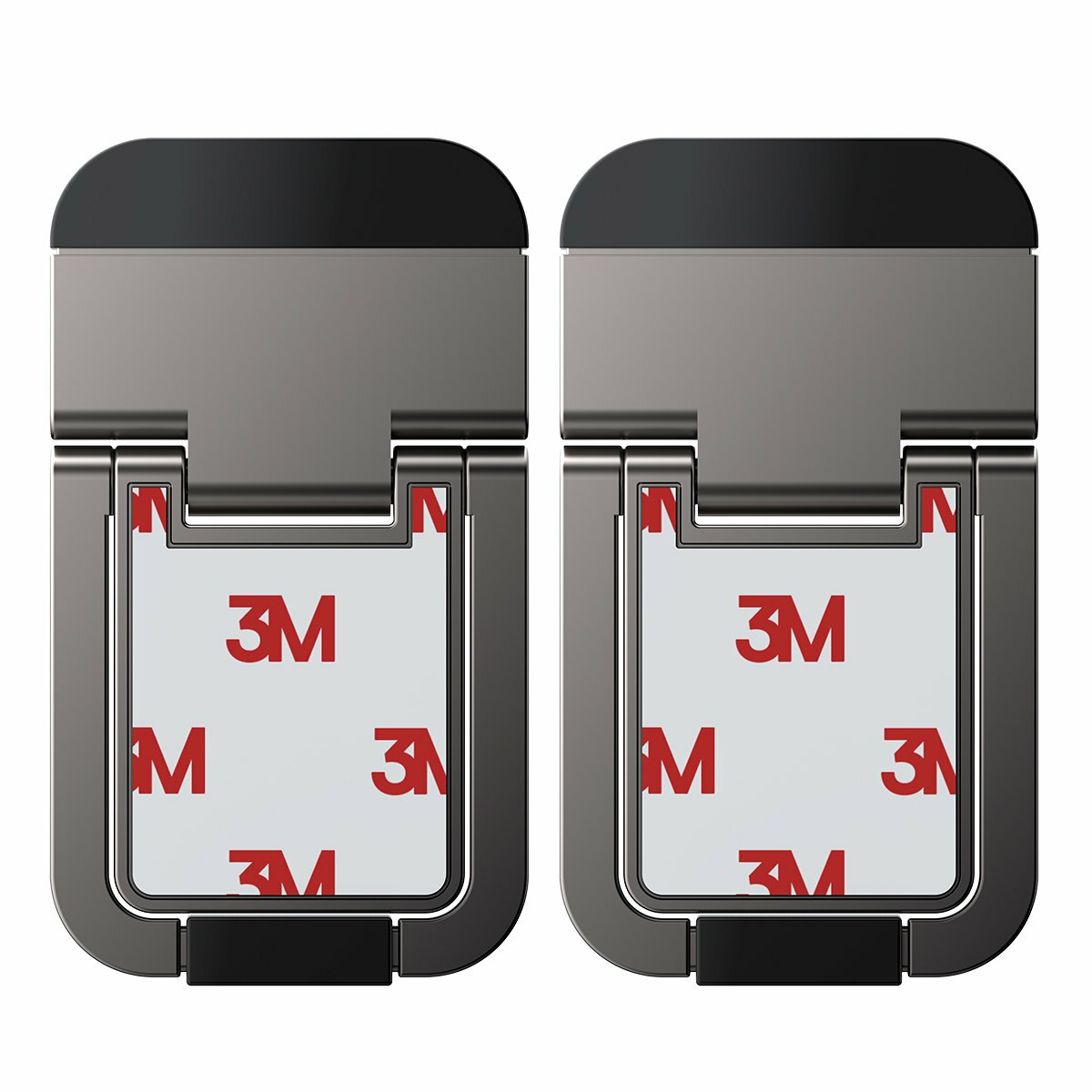 Dwa metalowe uchwyty do telefonu. Każdy ma czarną górę, szary korpus z logo 3M i czarną podstawę. Białe tło.