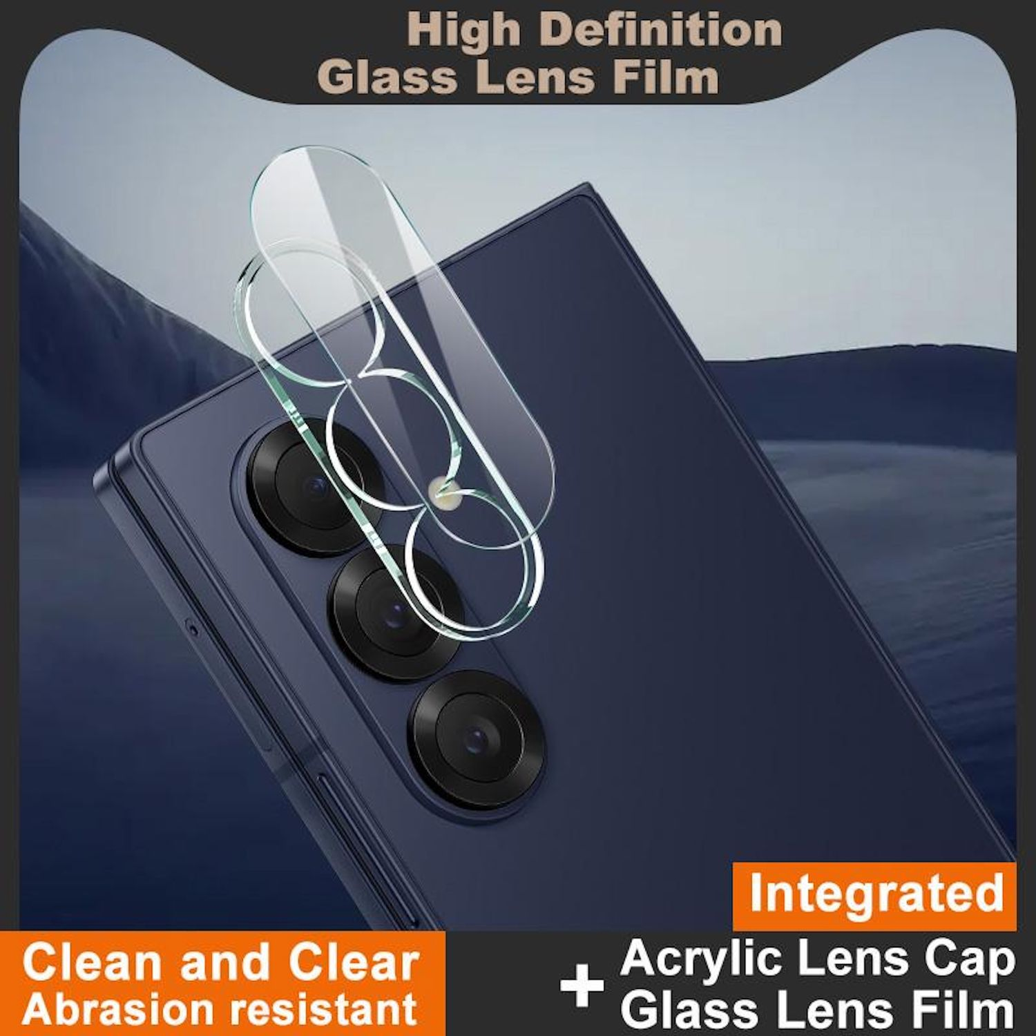 Ein Handy mit Glaslinsenfolie. Das Handy ist dunkelblau. Die Folie ist klar. Text: High Definition Glass Lens Film, Clean and Clear.