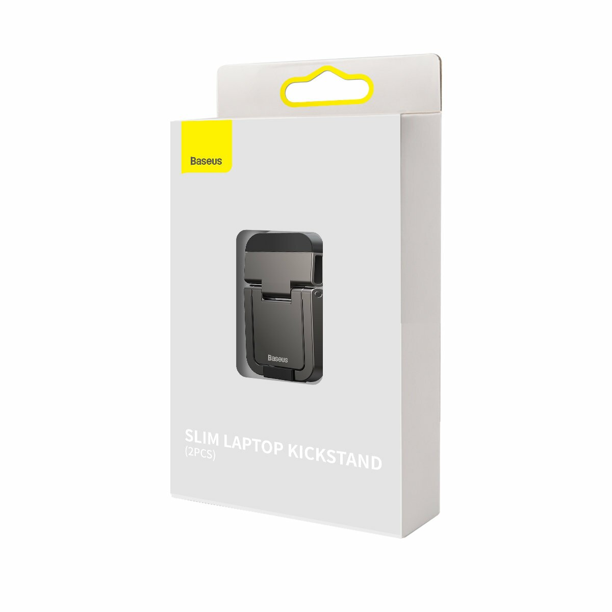 Białe pudełko z logo Baseus zawiera smukłą podstawkę do laptopa. Pudełko ma żółty uchwyt i tekst wskazujący (2 sztuki).