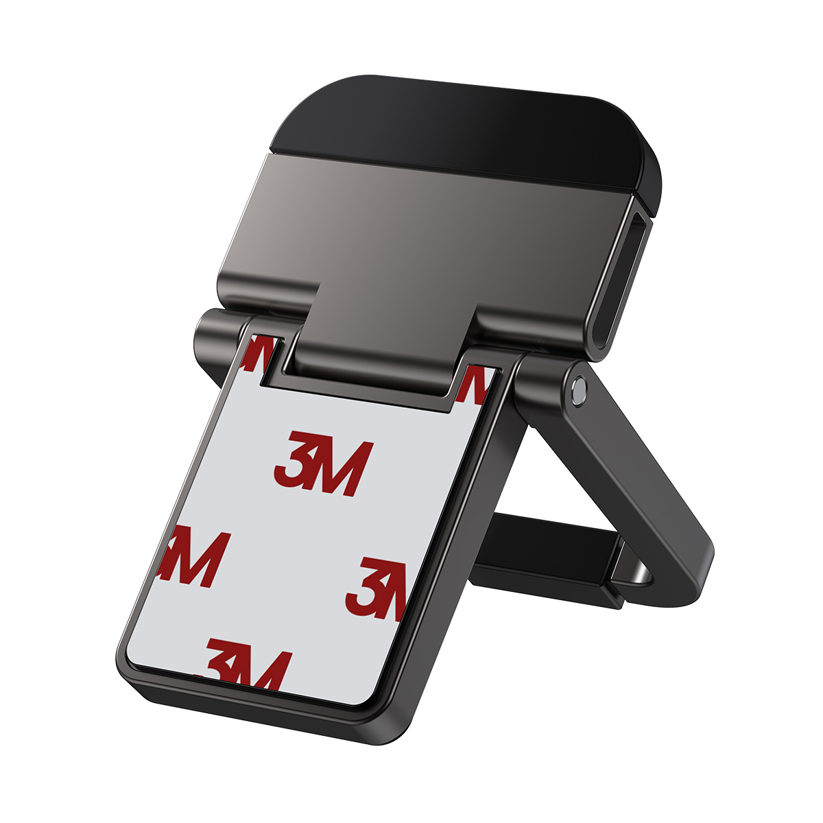 Czarny i szary stojak na telefon. Ma naklejkę 3M. Stojak jest zgięty pod kątem i ma punkt obrotu.