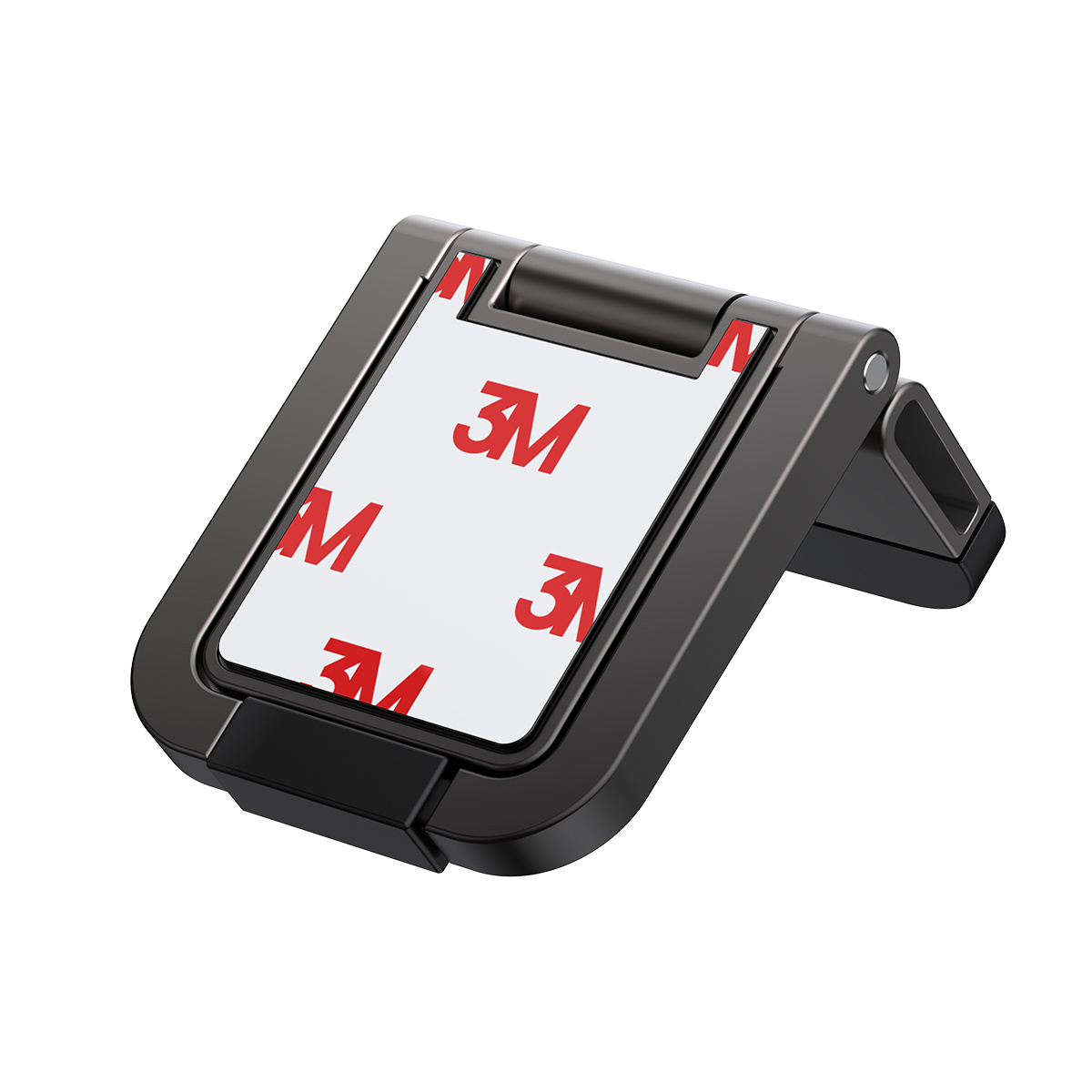 Czarny stojak na telefon z naklejką 3M. Posiada prostokątną podstawę, kątową podpórkę i obrot. Białe tło.
