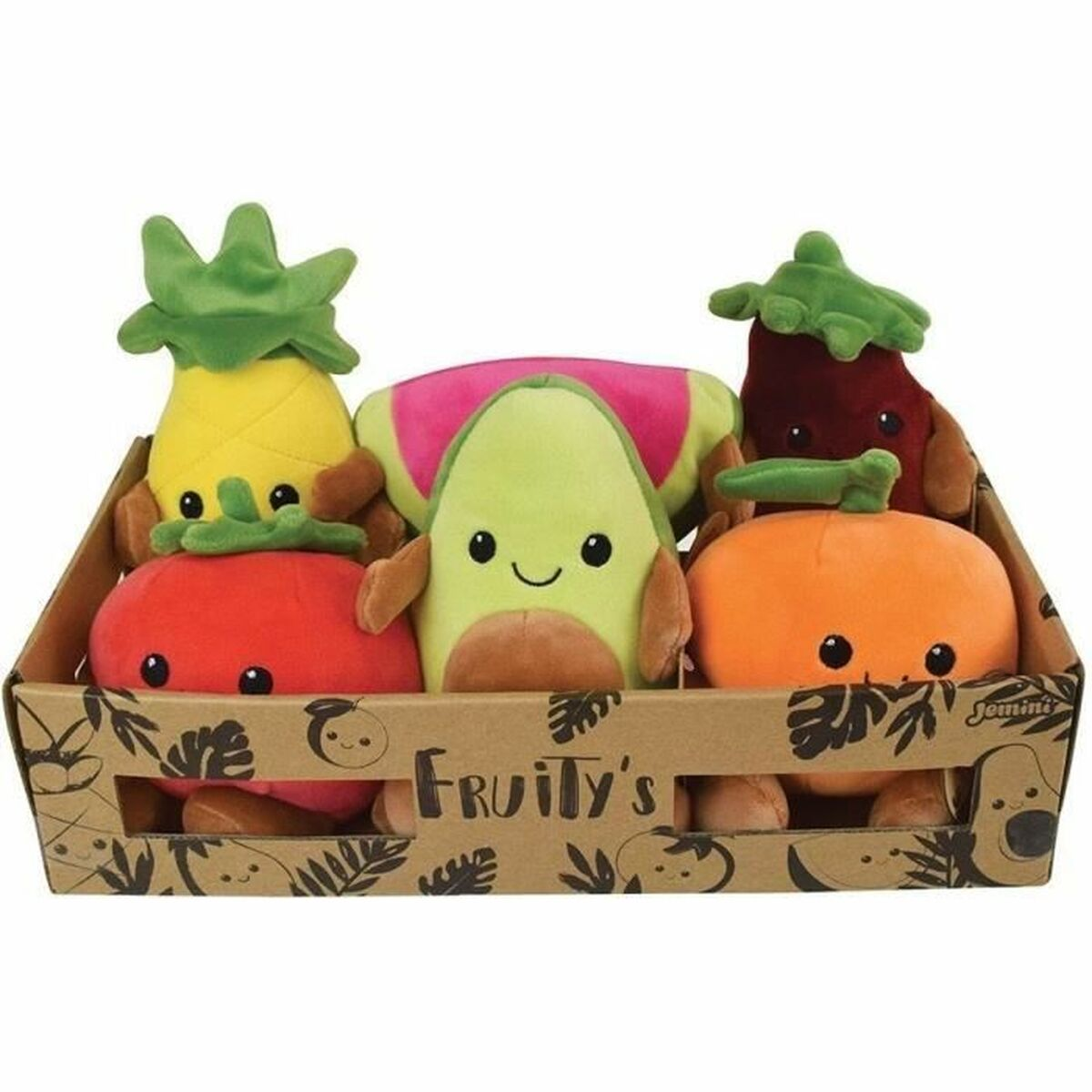 Une boîte en bois contient des fruits en peluche : ananas, pastèque, avocat, tomate, orange et aubergine, tous avec des visages souriants.