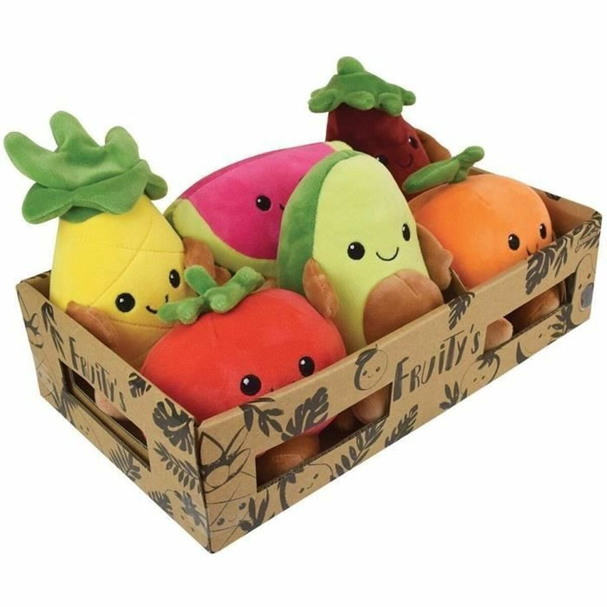 Une boîte remplie de jouets de fruits en peluche, dont un ananas, une pastèque, un avocat, une tomate, une orange et un poivron. La boîte dit 'fruity's'.