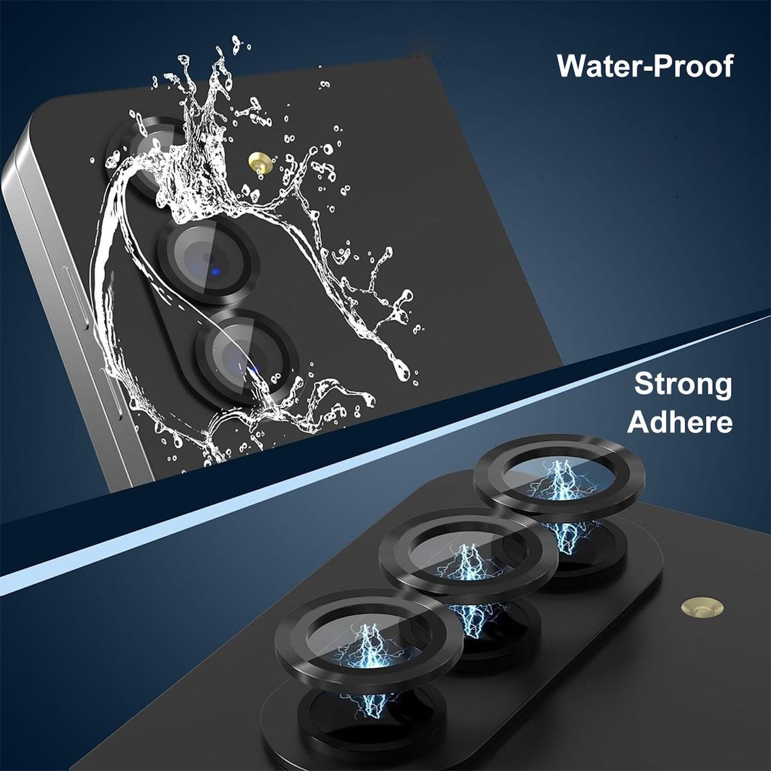 Telefono con spruzzi d'acqua, protezioni per lenti e testo "Water-Proof" e "Strong Adhere" su sfondo blu.