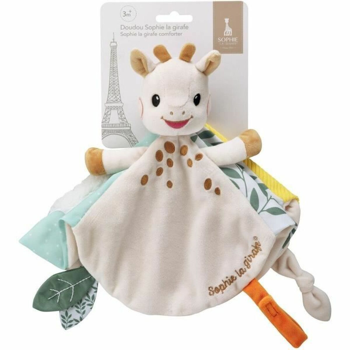 Une doudou Sophie la girafe. Elle a une tête de girafe et une couverture. La couverture a des feuilles, des taches et le texte 'Sophie la girafe'.